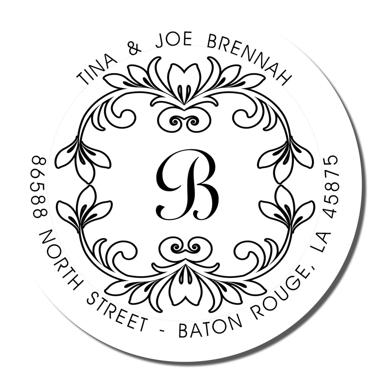 Custom rubber stamp with floral monogram B for Tina & Joe Brennan, featuring North Street, Baton Rouge address.