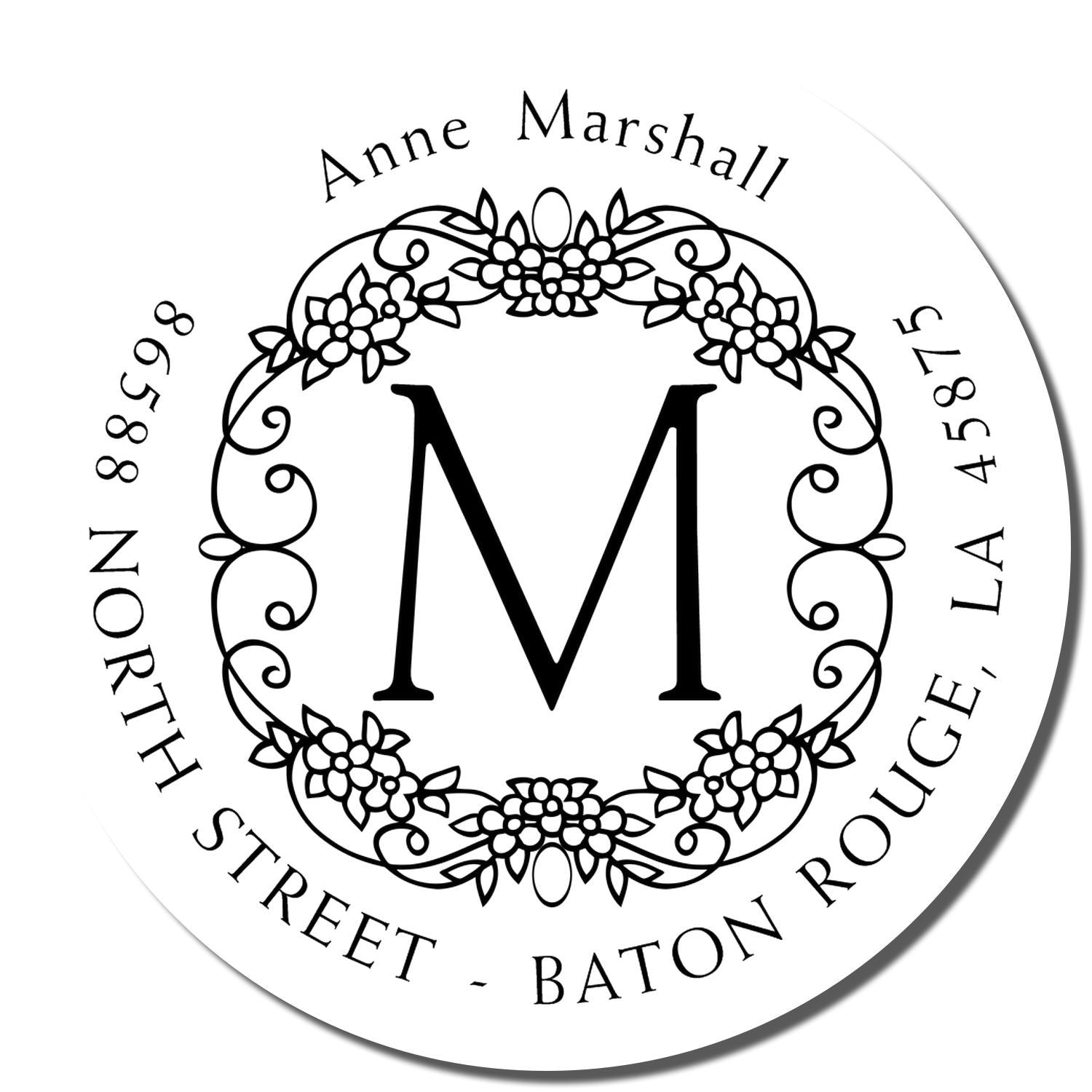 Custom floral return address rubber stamp with monogram M, Anne Marshall name, and Baton Rouge, LA address.