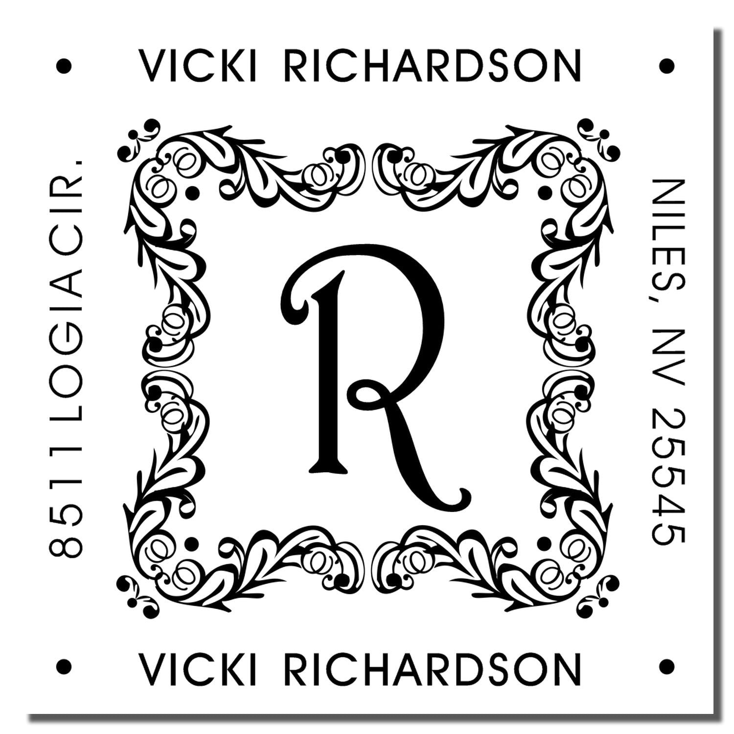 Custom return address rubber stamp with ornate R monogram for Vicki Richardson, Niles, NV.