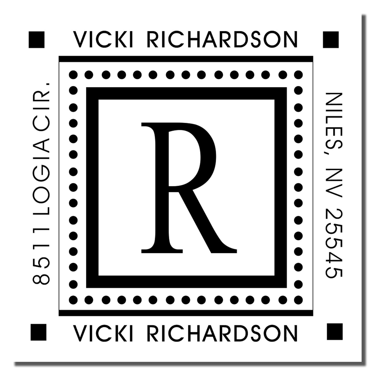 Personalized return address rubber stamp with monogram R, Vicki Richardson, and Niles, NV 25545.
