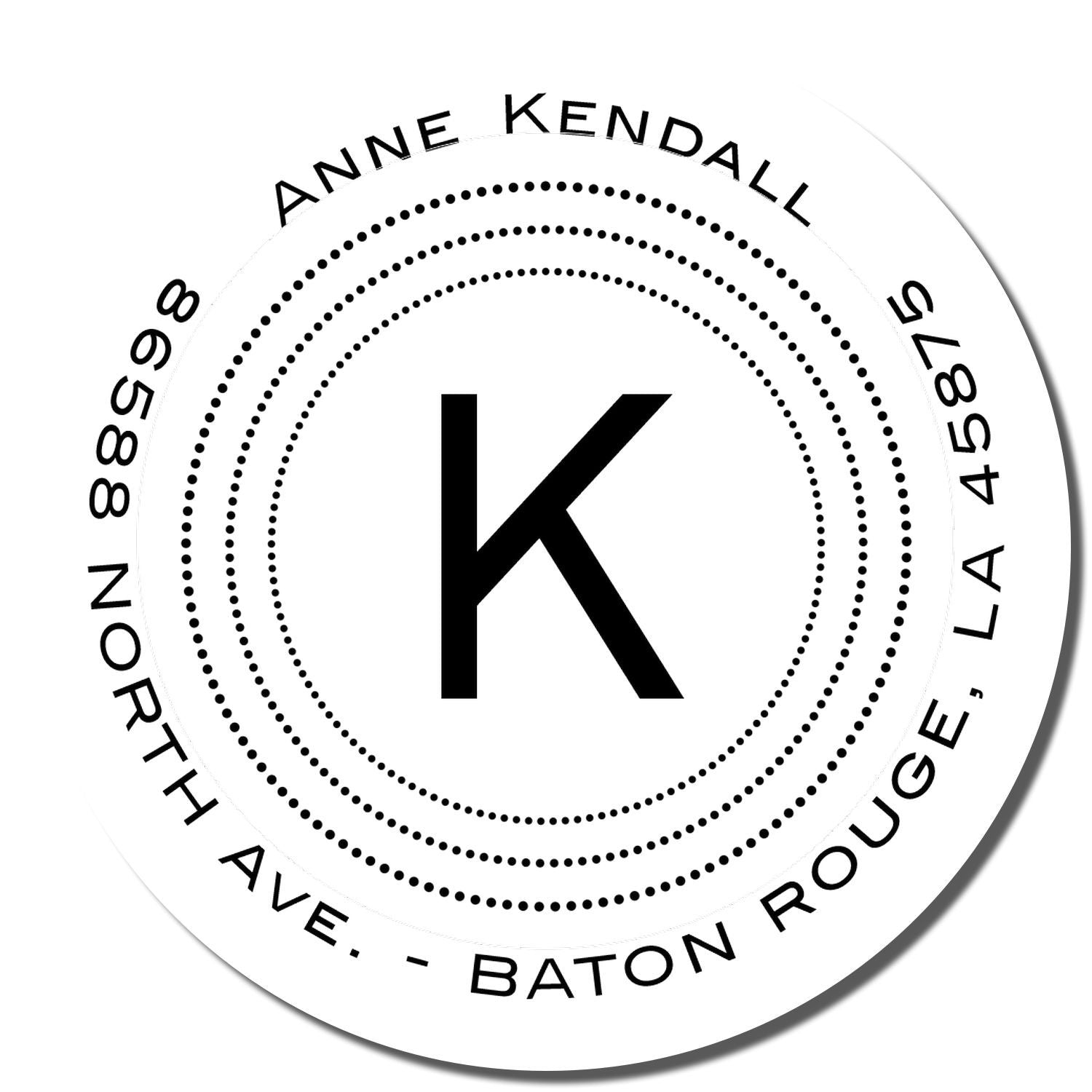 Personalized monogram return address rubber stamp with K, Anne Kendall, 8658 North Ave., Baton Rouge, LA.