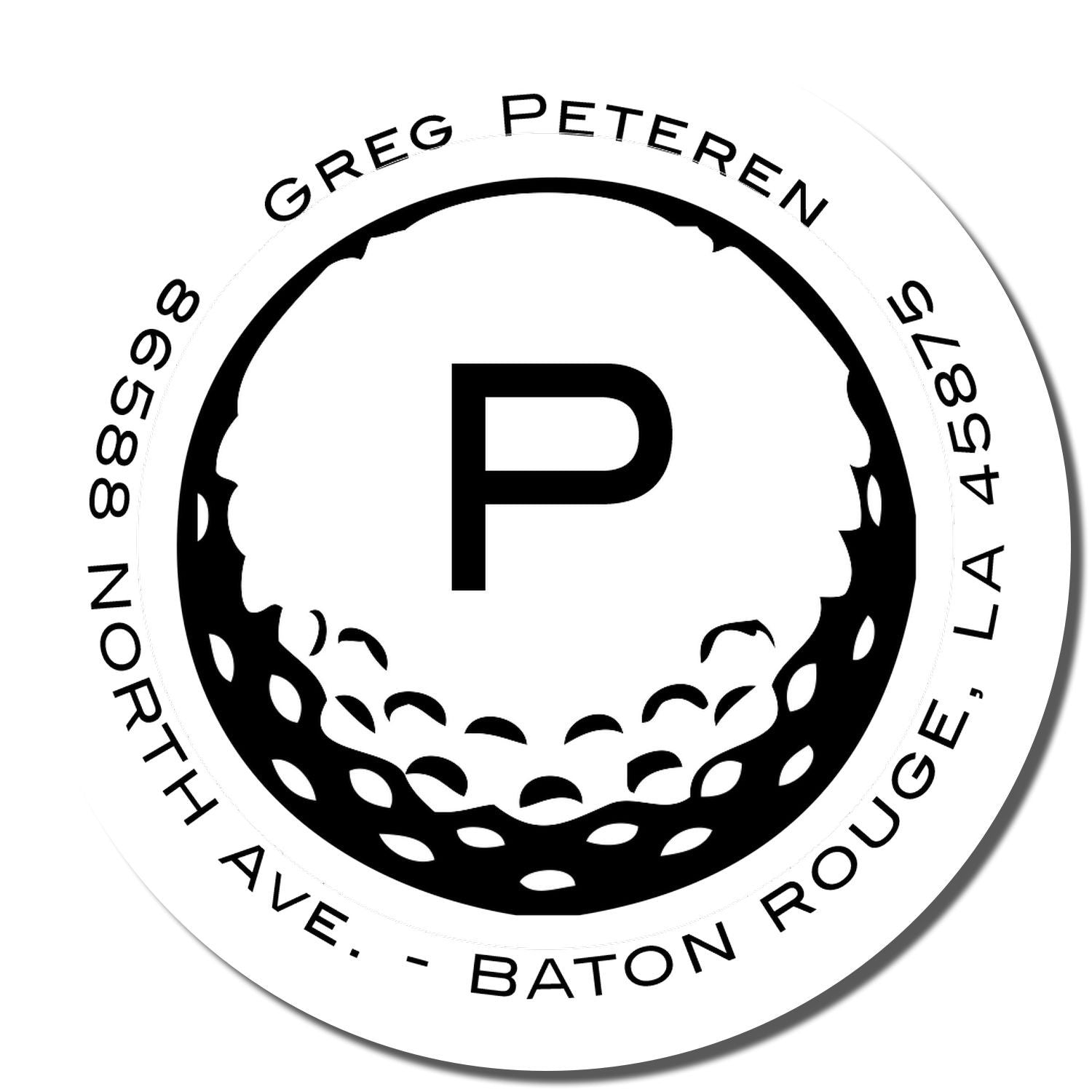 Custom round rubber stamp with monogram P and Greg Peteren return address in Baton Rouge, LA for mailing and branding.