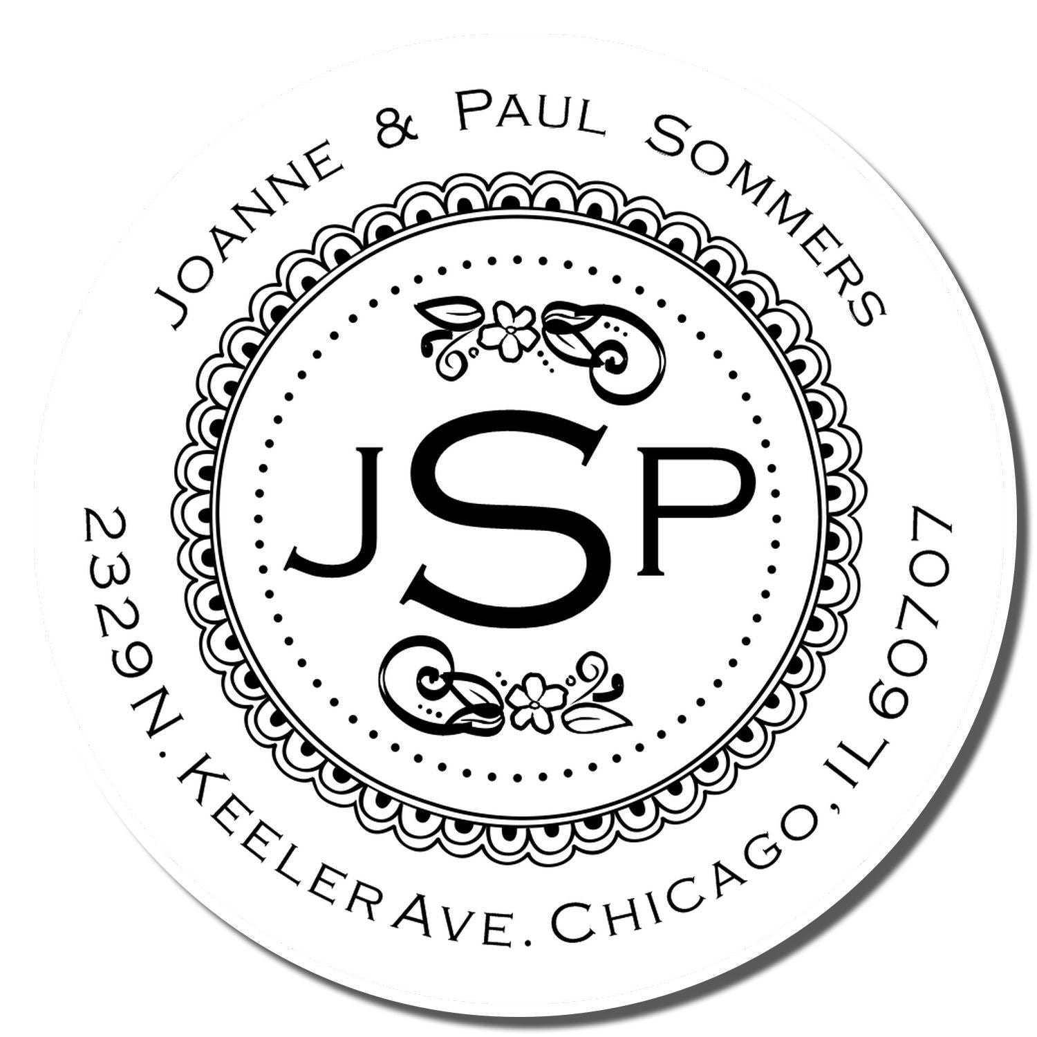 Circular wedding invitation seal for JoAnne & Paul Sommers, featuring initials JSP and Chicago text with floral border.
