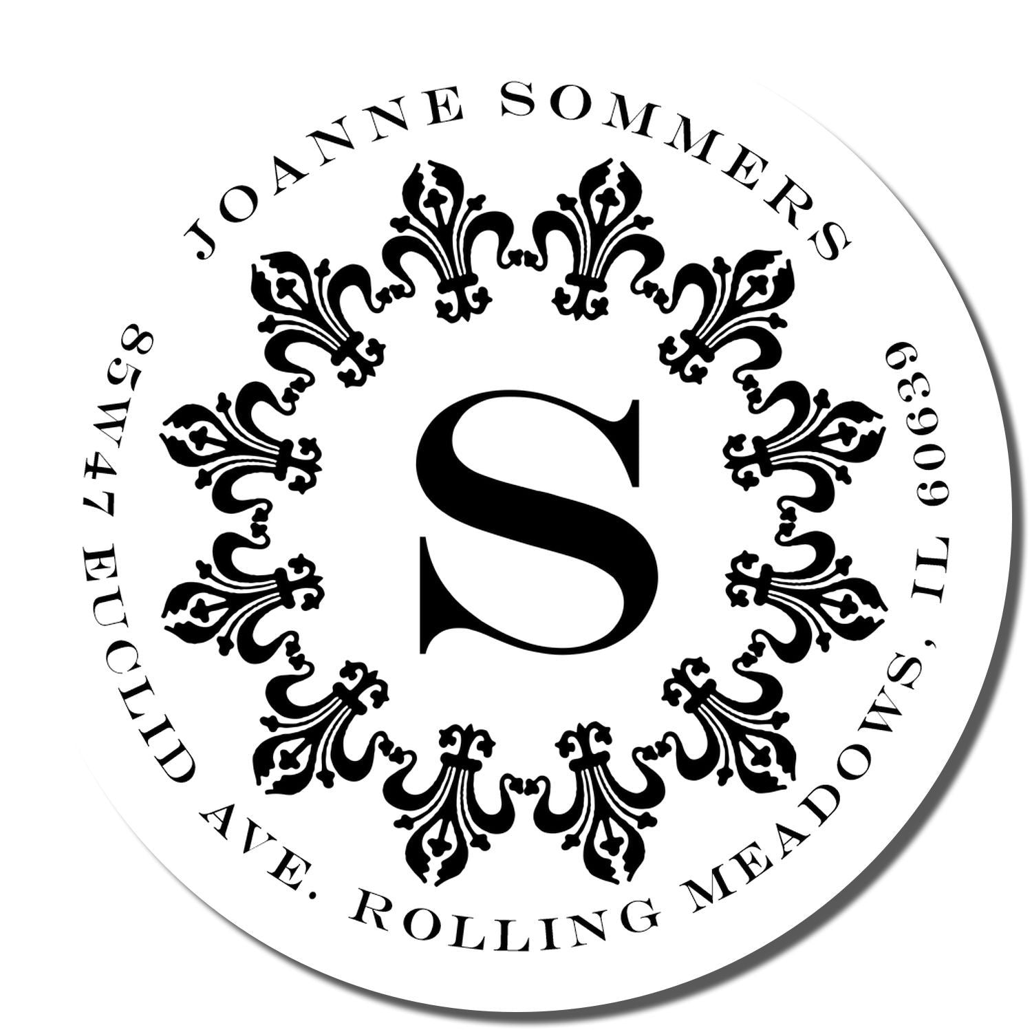 Custom floral monogram rubber stamp with S initial, Joanne Sommers name, and Rolling Meadows, IL address