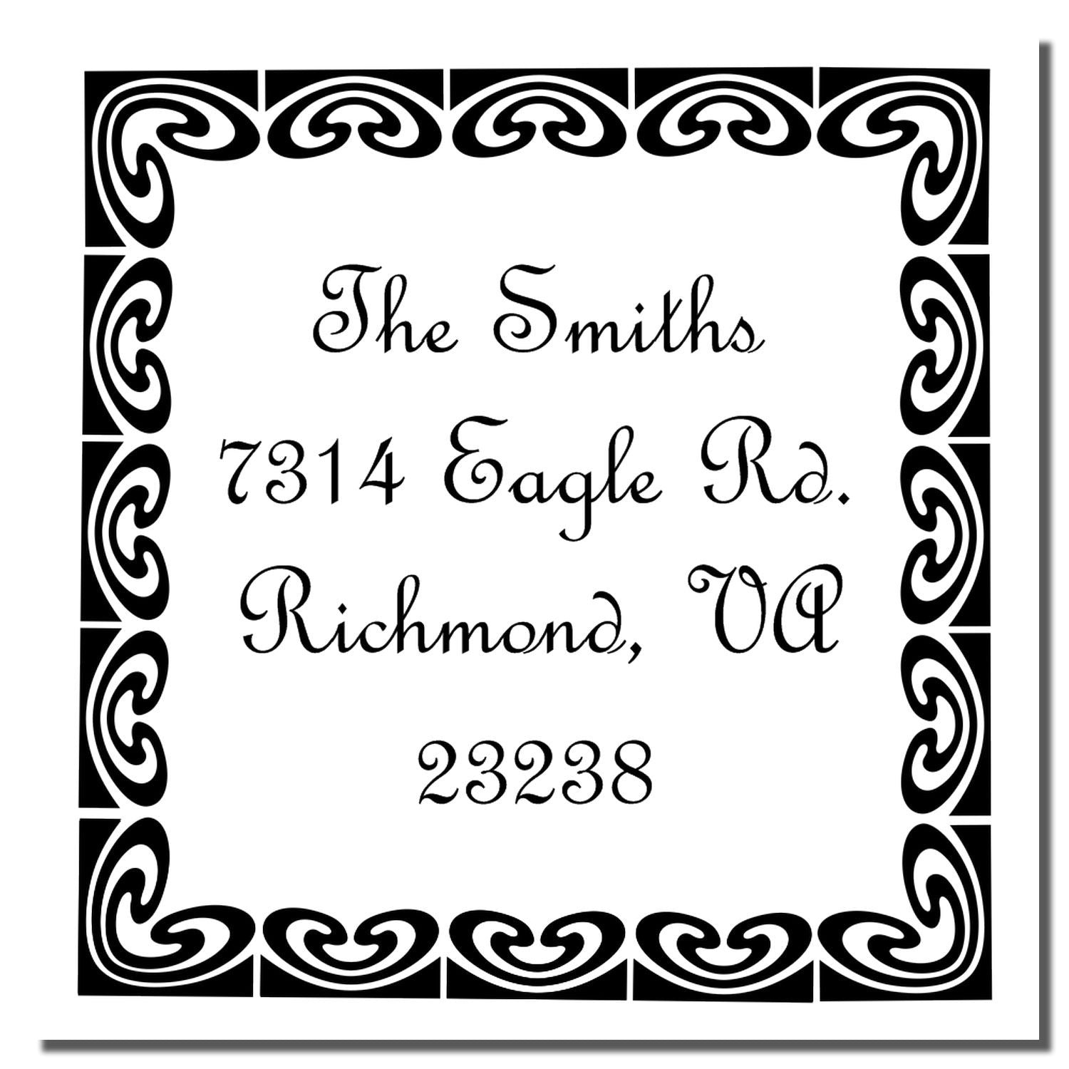 Decorative black-and-white address label reading The Smiths, 7314 Eagle Rd, Richmond, VA 23238, ornate border house sign.