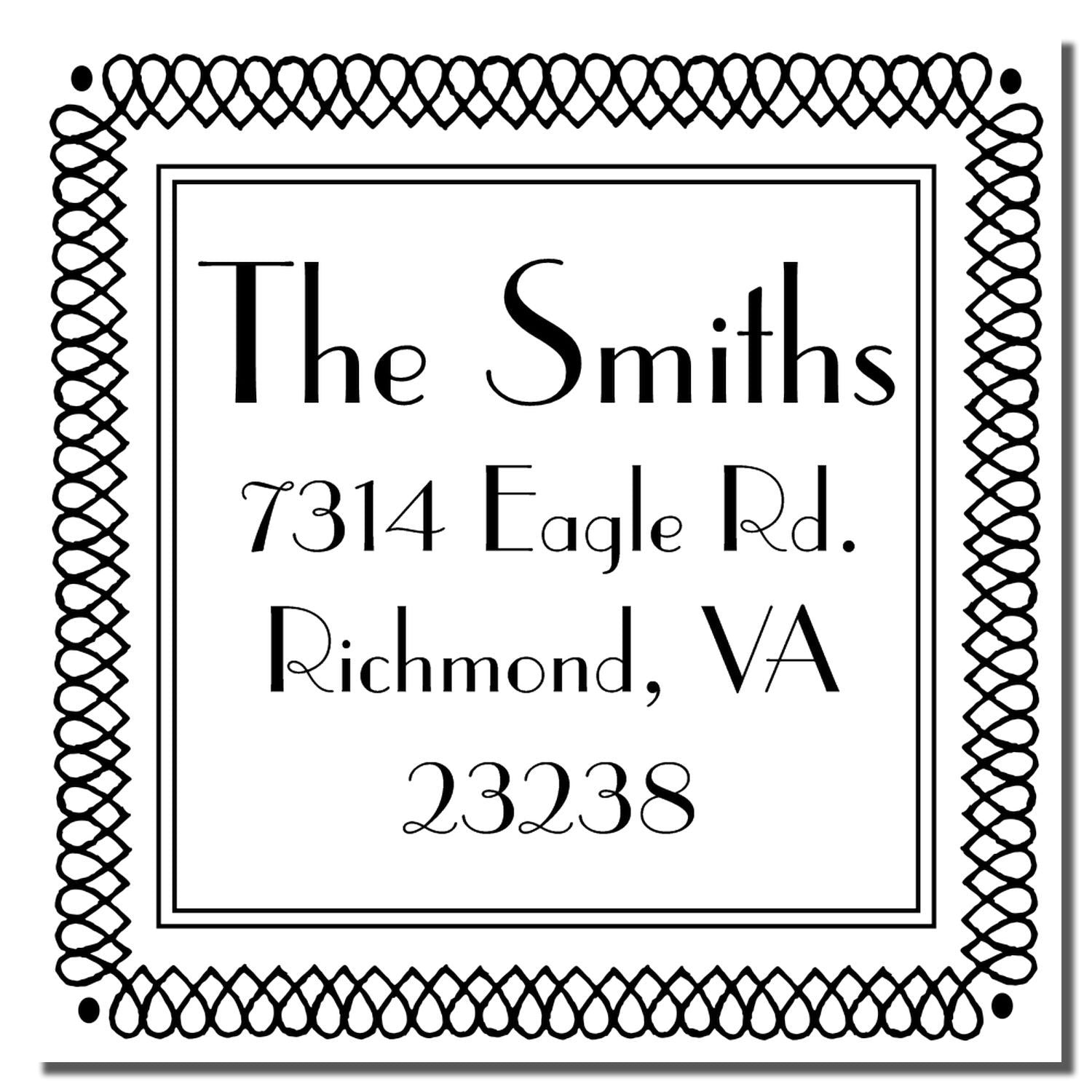 Custom address rubber stamp for The Smiths, 7314 Eagle Rd., Richmond, VA 23238, with decorative border.