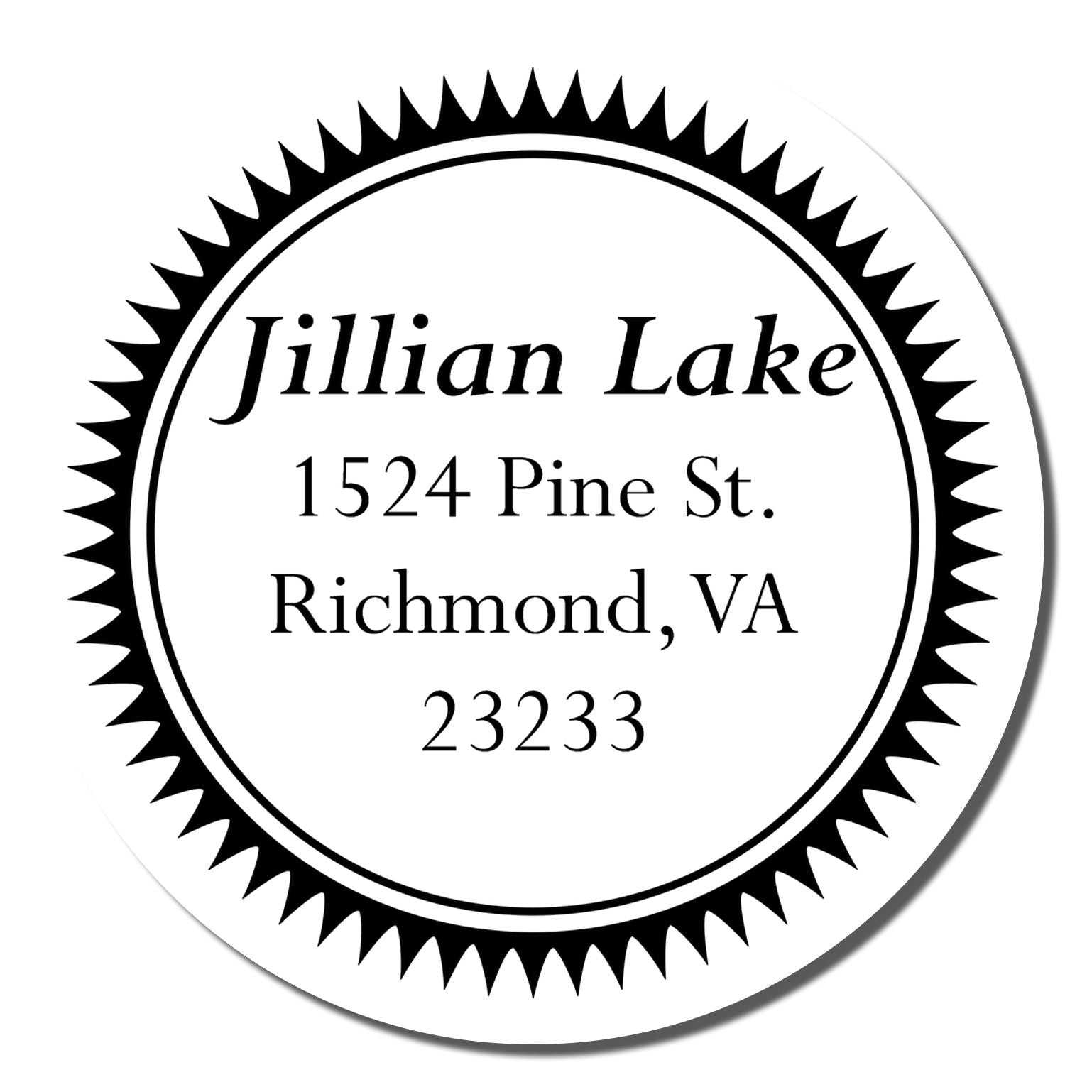 Custom round address rubber stamp for Jillian Lake, 1524 Pine St., Richmond, VA 23233.