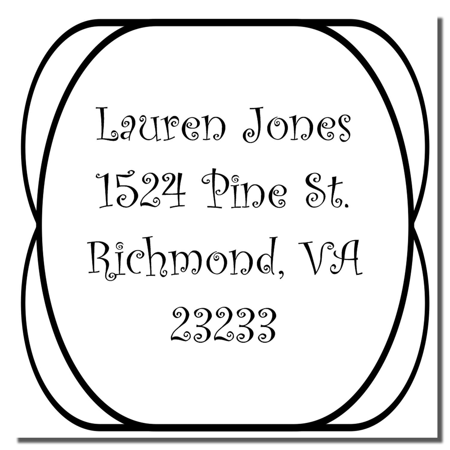 Custom return address rubber stamp for Lauren Jones, 1524 Pine St., Richmond, VA 23233, with decorative oval border.