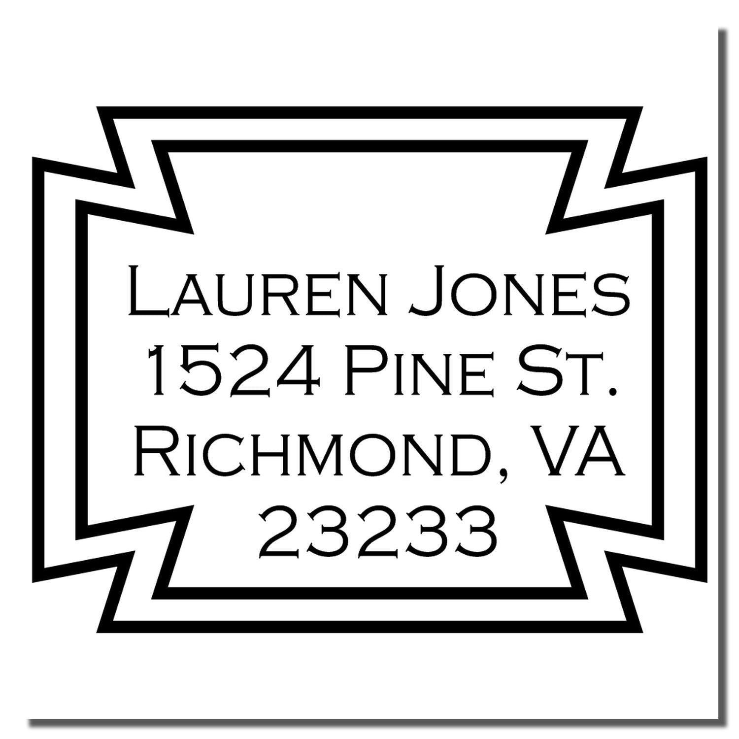 Custom address rubber stamp for Lauren Jones, 1524 Pine St., Richmond, VA 23233, with geometric border design