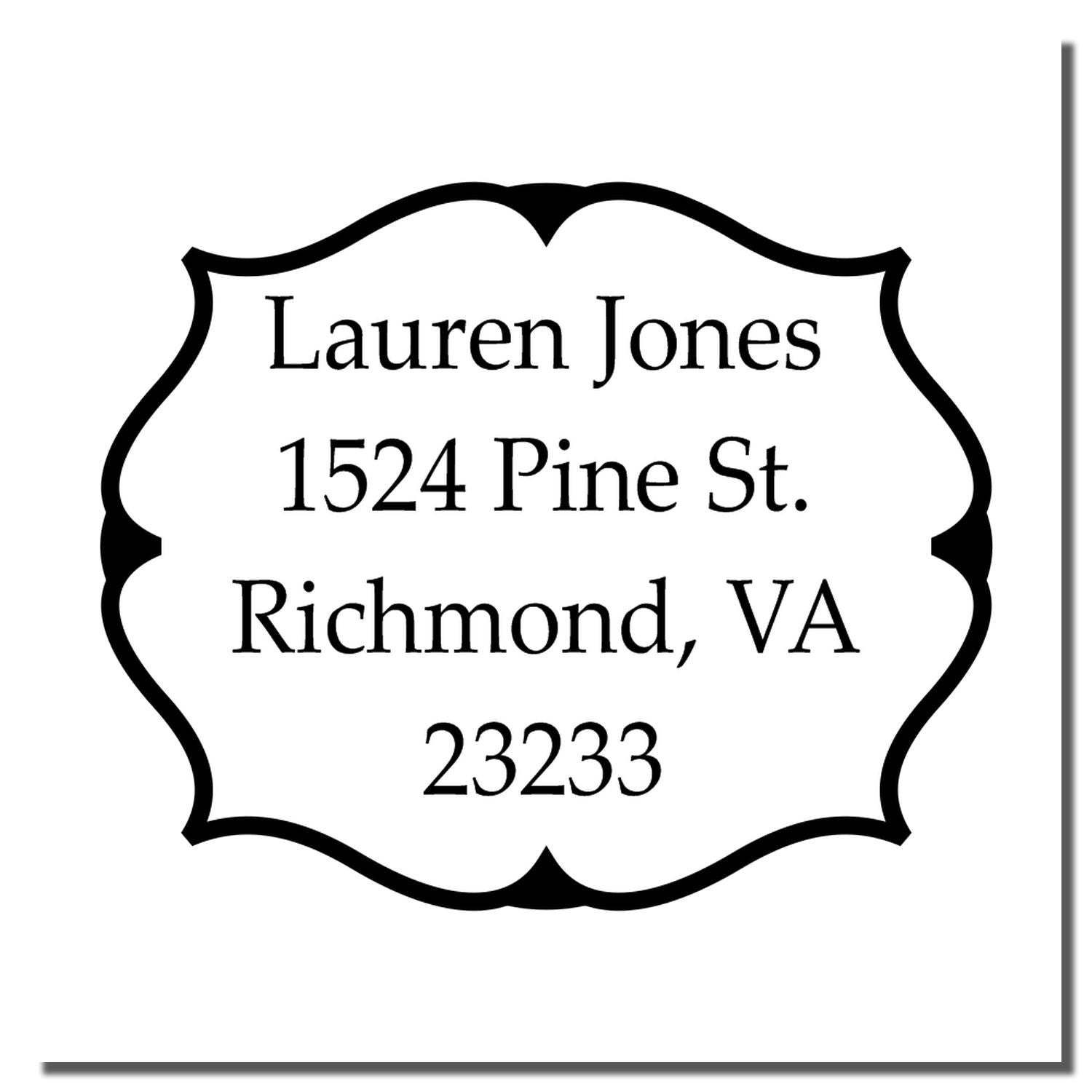 Custom address rubber stamp with decorative frame for Lauren Jones, 1524 Pine St., Richmond, VA 23233