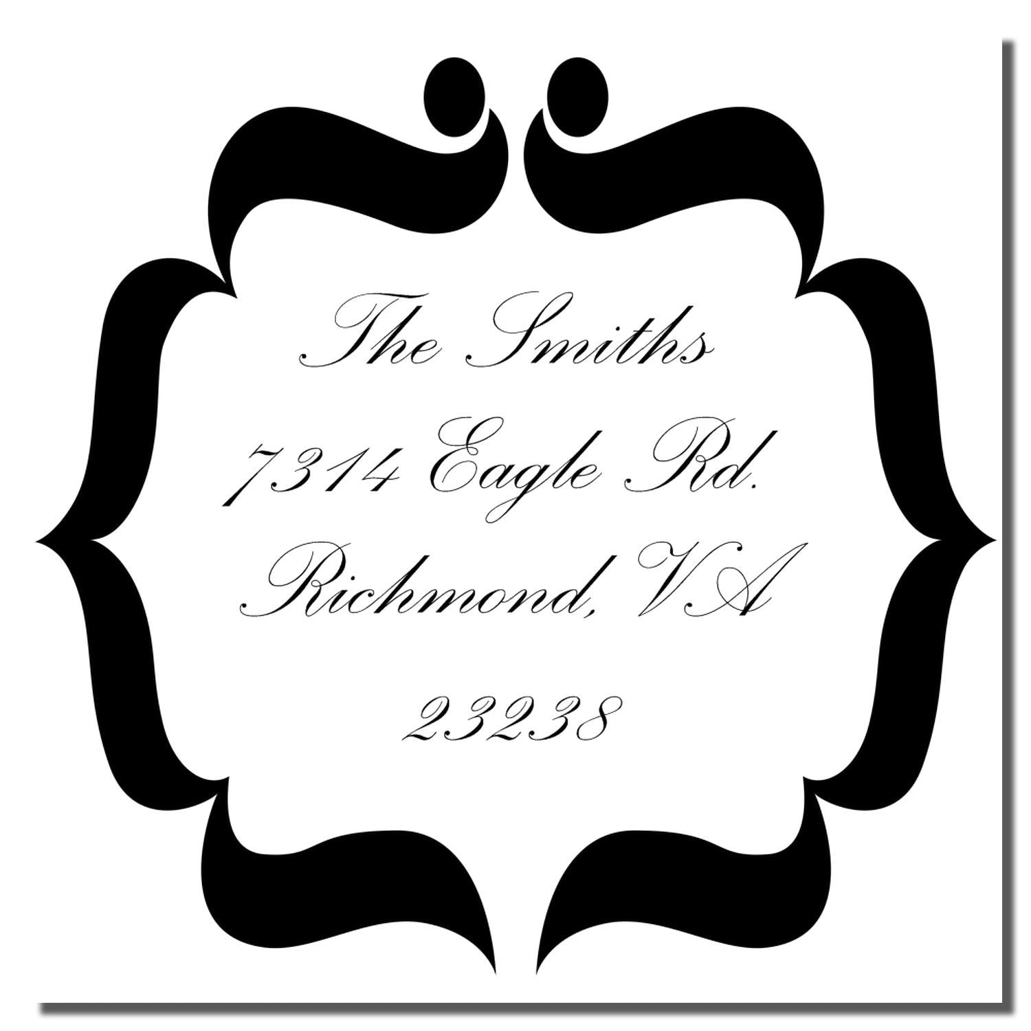 Custom return address rubber stamp with ornate frame for The Smiths, 7314 Eagle Rd., Richmond, VA 23238.