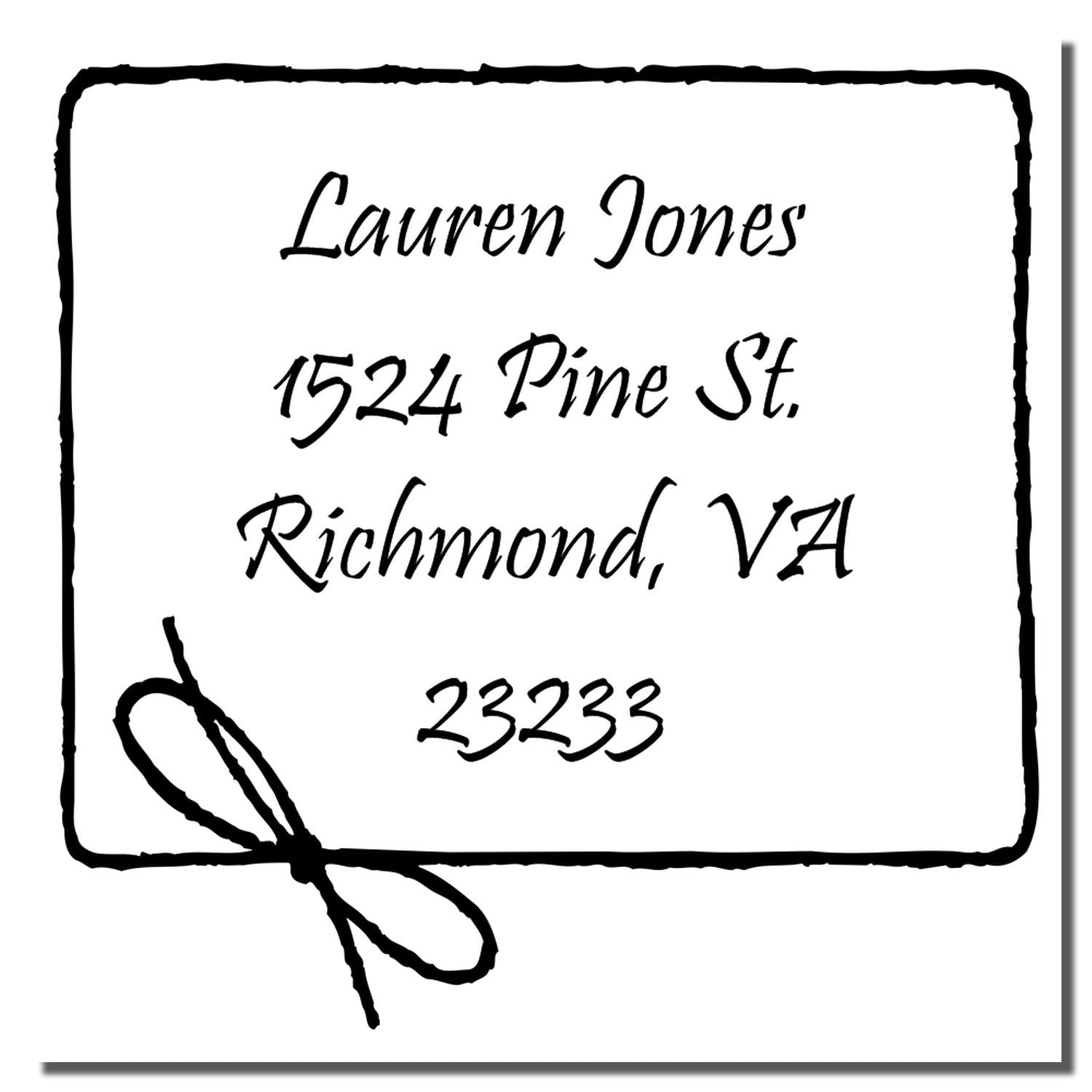 Custom return address rubber stamp with name and address: Lauren Jones, 1524 Pine St., Richmond, VA 23233.