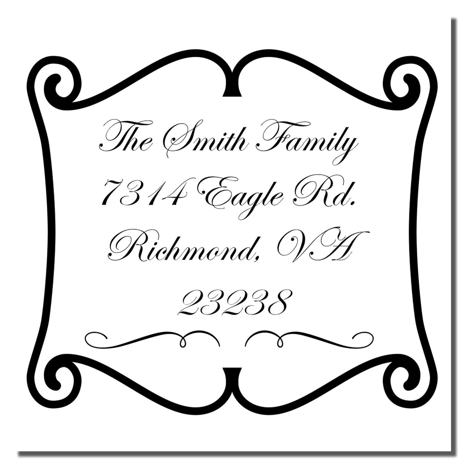 Custom family address rubber stamp with decorative frame: The Smith Family, 7314 Eagle Rd., Richmond, VA 23238.