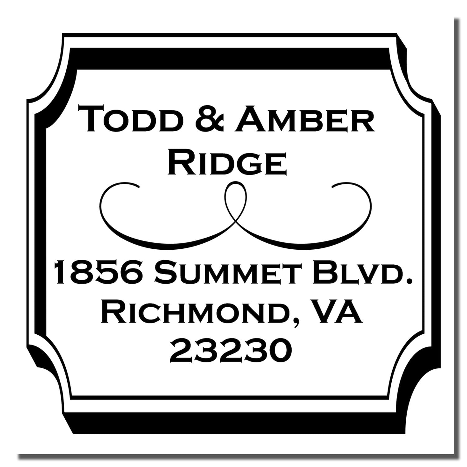 Personalized rubber address stamp for Todd & Amber Ridge, 1856 Summet Blvd., Richmond, VA 23230 with decorative frame.