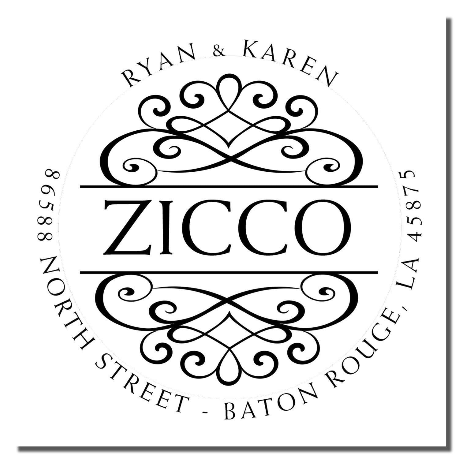 Custom round rubber address stamp with Ryan & Karen Zicco monogram and decorative Baton Rouge, LA return address.