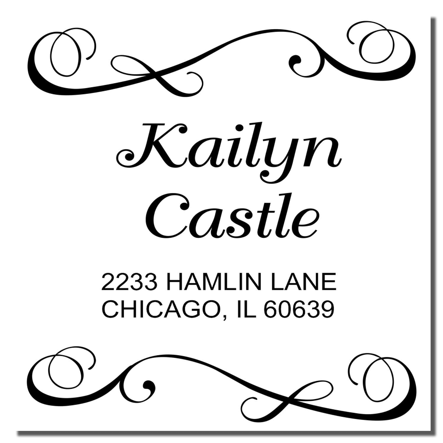 Custom rubber address stamp for Kailyn Castle, 2233 Hamlin Lane, Chicago, IL 60639, with decorative flourishes.