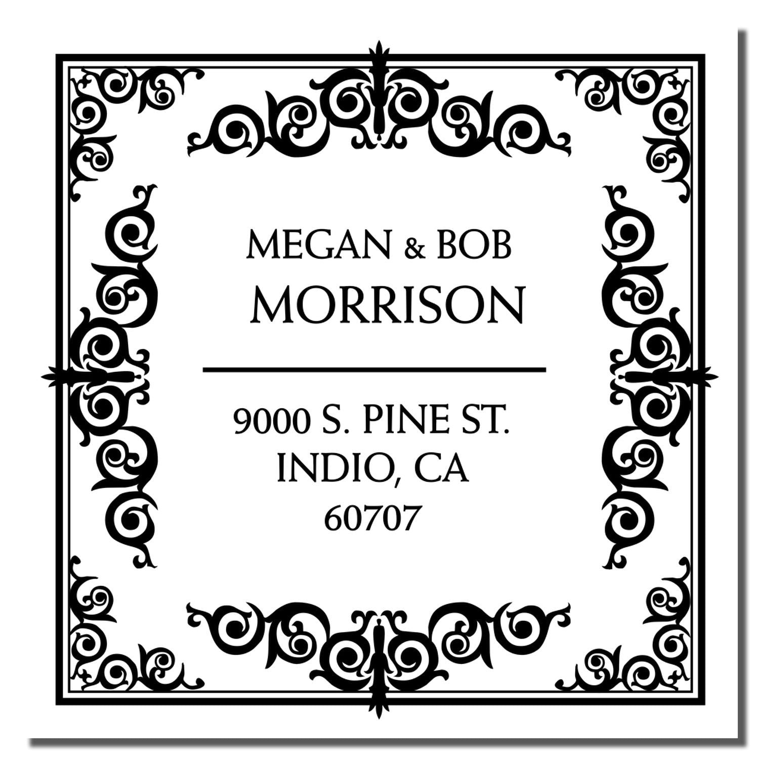 Custom decorative address rubber stamp with Megan & Bob Morrison and Indio, CA mailing details.