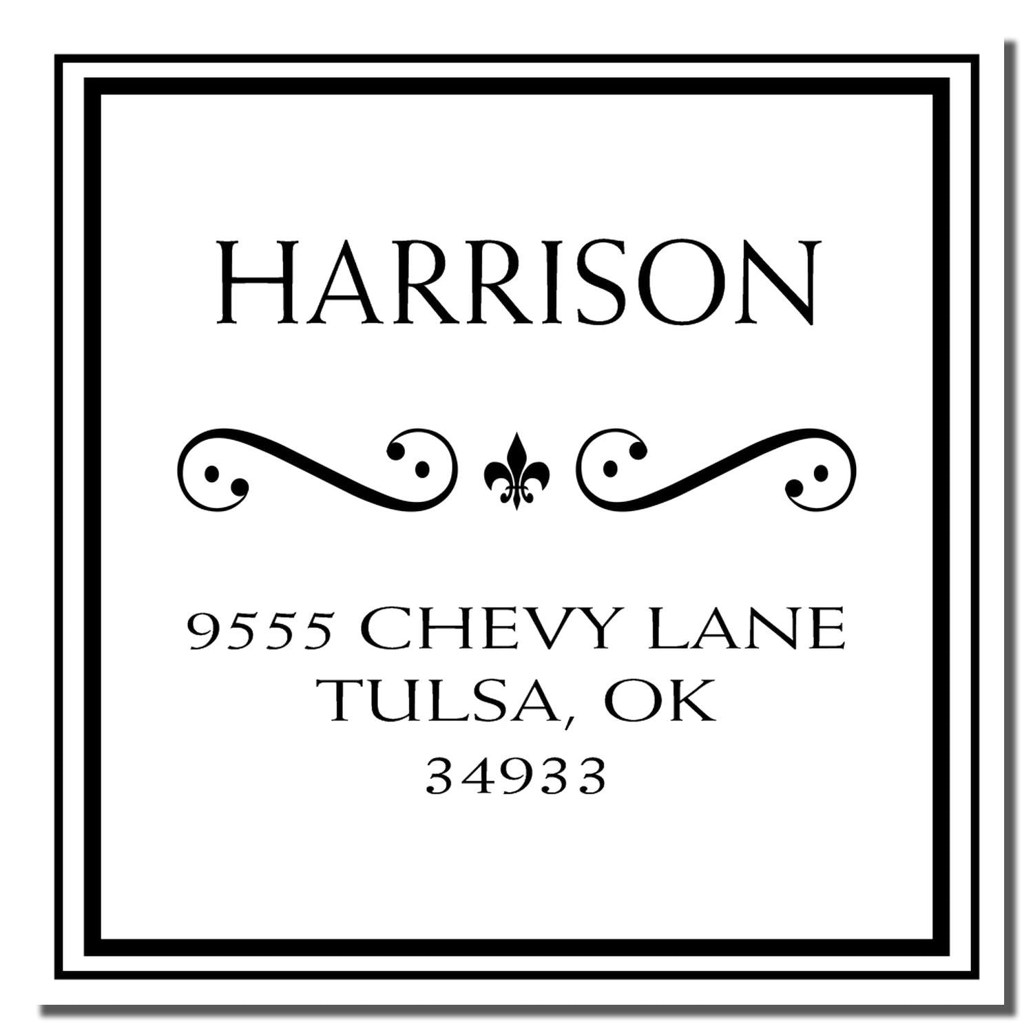 Harrison sign with fleur-de-lis, featuring address 9555 Chevy Lane, Tulsa, OK 34933.
