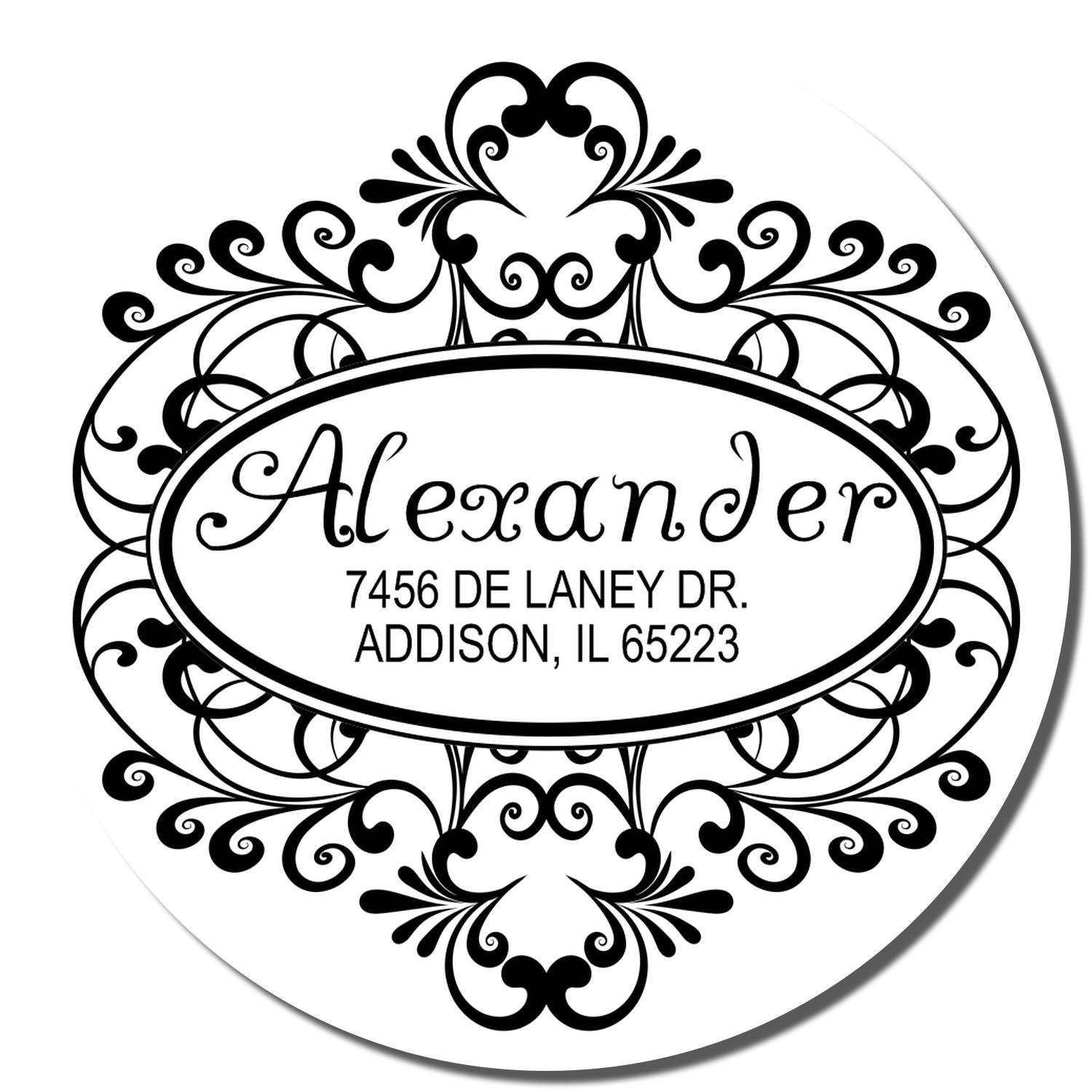 Custom ornate address rubber stamp with oval monogram for Alexander, 7456 De Laney Dr., Addison, IL 65223