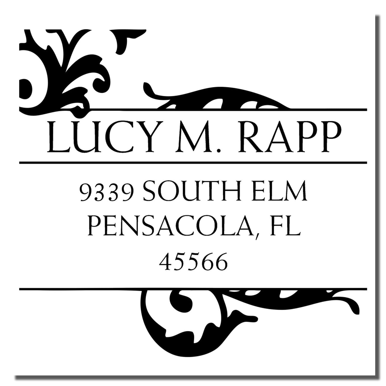 Custom address rubber stamp for Lucy M. Rapp, 9339 South Elm, Pensacola, FL 45566 with decorative floral design.
