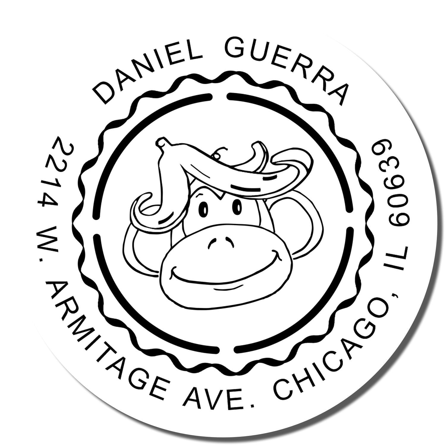 Custom round rubber stamp for Daniel Guerra with monkey logo and Chicago address, ideal for business branding and mailing use.