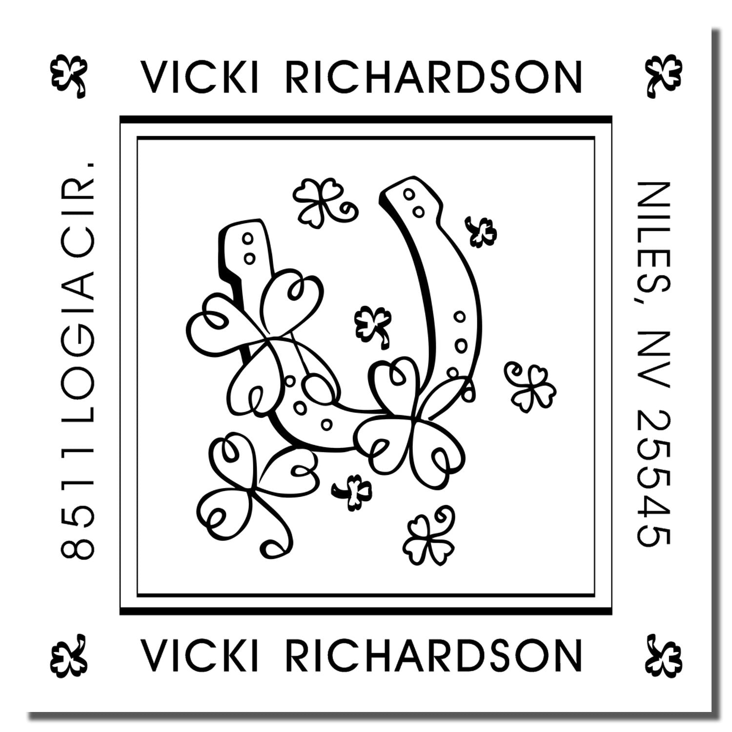 Custom rubber return address stamp for Vicki Richardson, Niles, NV, with decorative clover design.