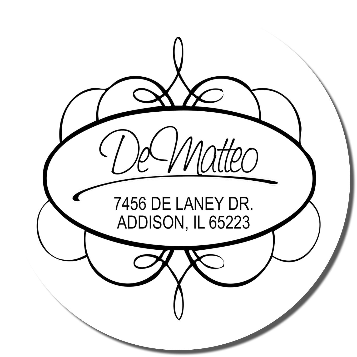 Custom De Matteo address rubber stamp with name and return address for envelopes, mail, and stationery.
