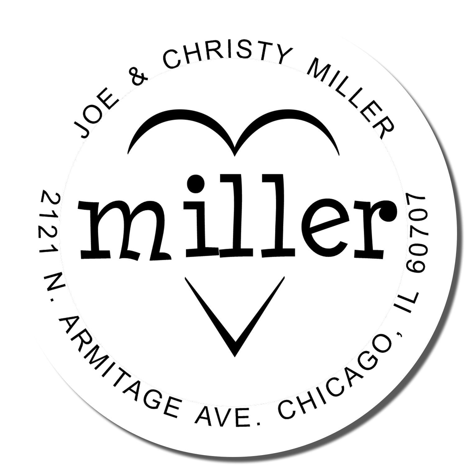Custom return address rubber stamp for Joe & Christy Miller, 2121 N. Armitage Ave., Chicago, IL.