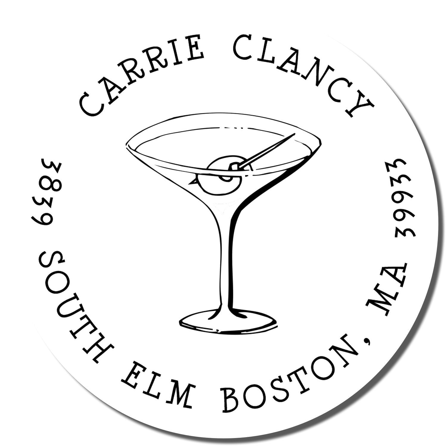 Custom rubber stamp design with martini glass logo and circular name-and-address text for Carrie Clancy, South Elm Boston, MA.