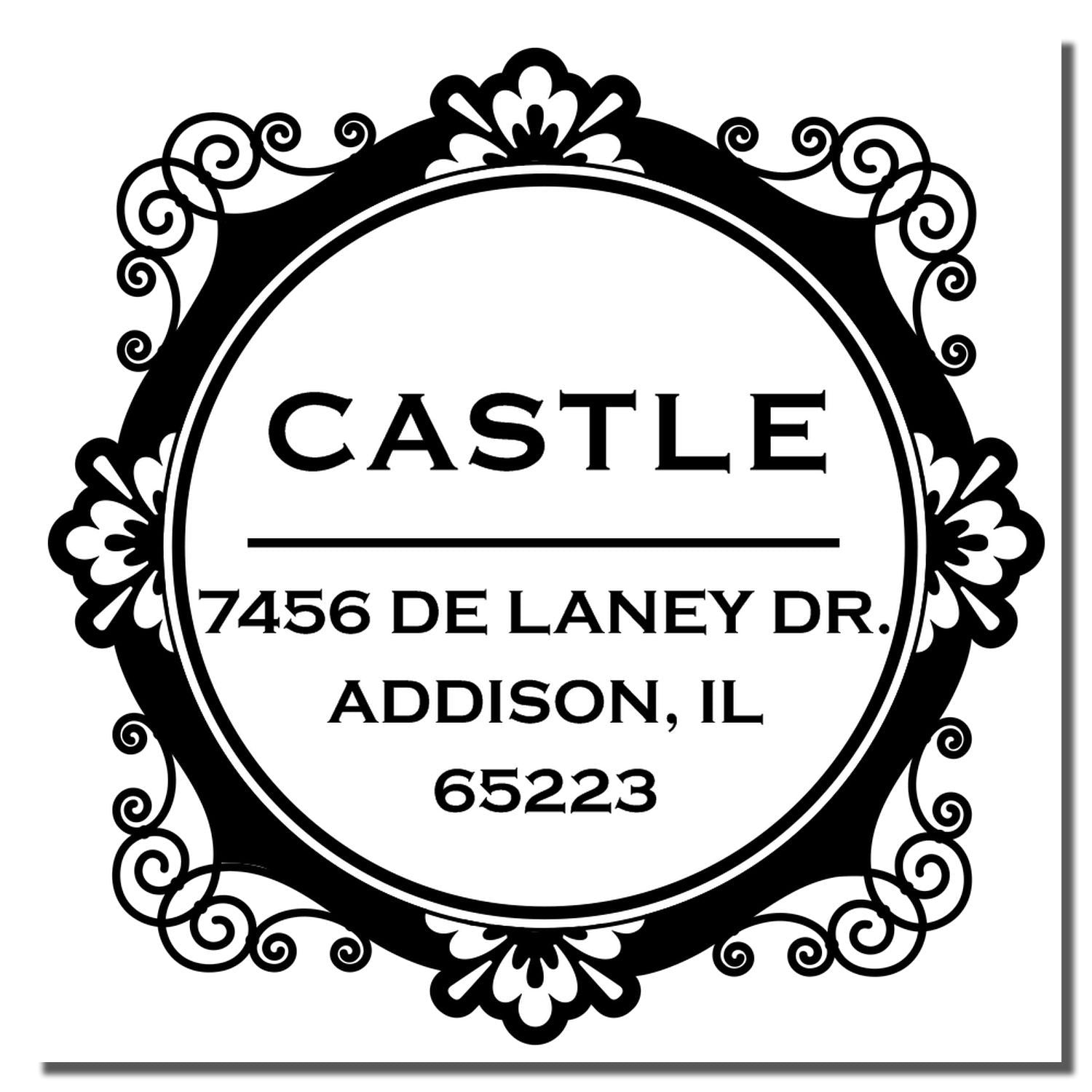 Ornate custom address rubber stamp with Castle name, 7456 De Laney Dr., Addison, IL 65223 for return mailing.