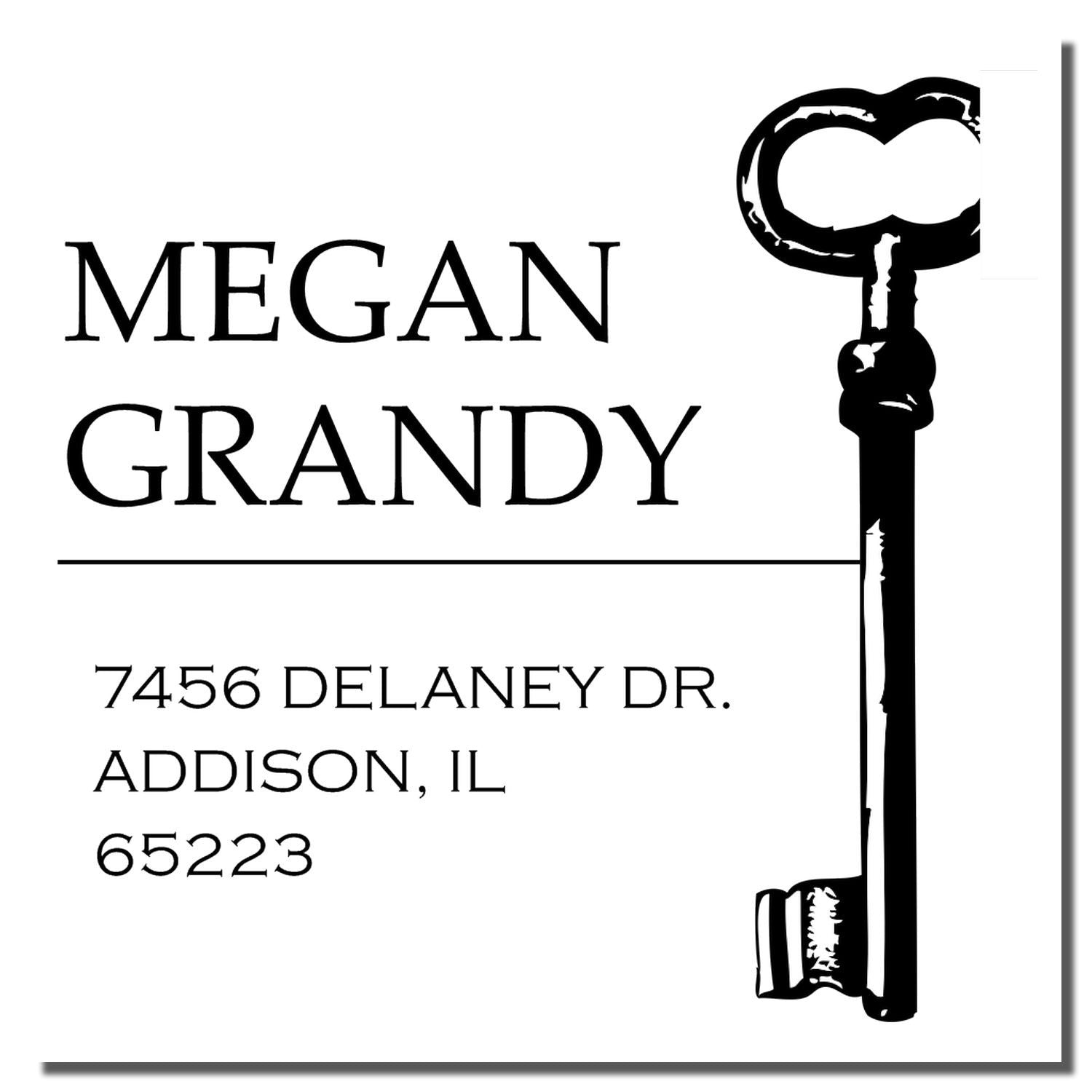 Custom return address rubber stamp for Megan Grandy with key design and Addison, IL address for envelopes and wedding mailings
