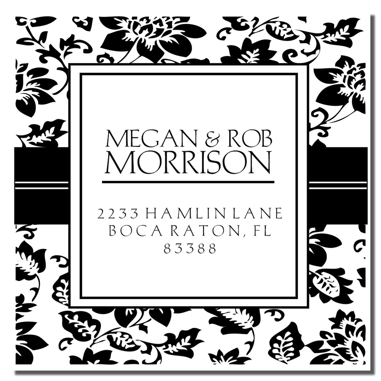 Personalized floral wedding address rubber stamp for Megan & Rob Morrison, with Boca Raton, FL return address.