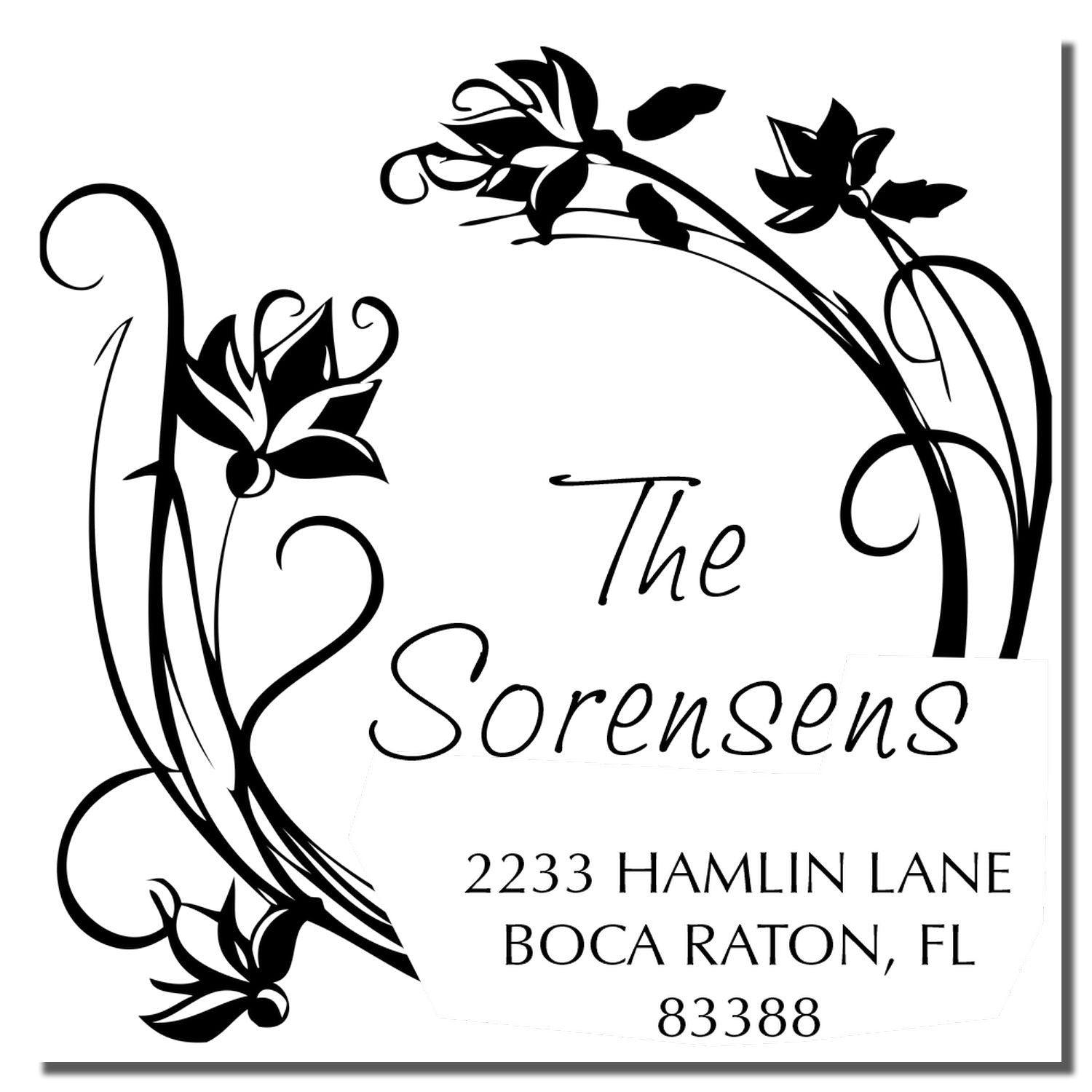 Custom floral return address rubber stamp for The Sorensens, Boca Raton, FL 83388.