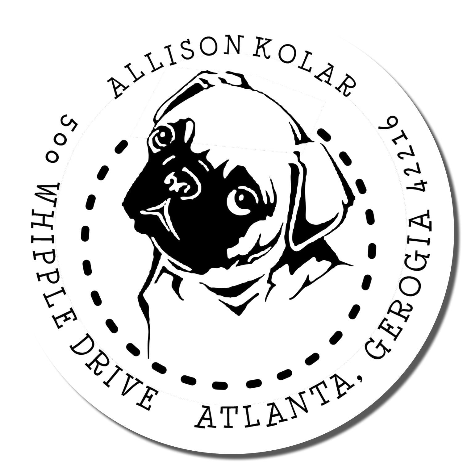 Custom dog portrait rubber stamp for Allison Kolar, Atlanta GA, with contact phone number and circular branding design.