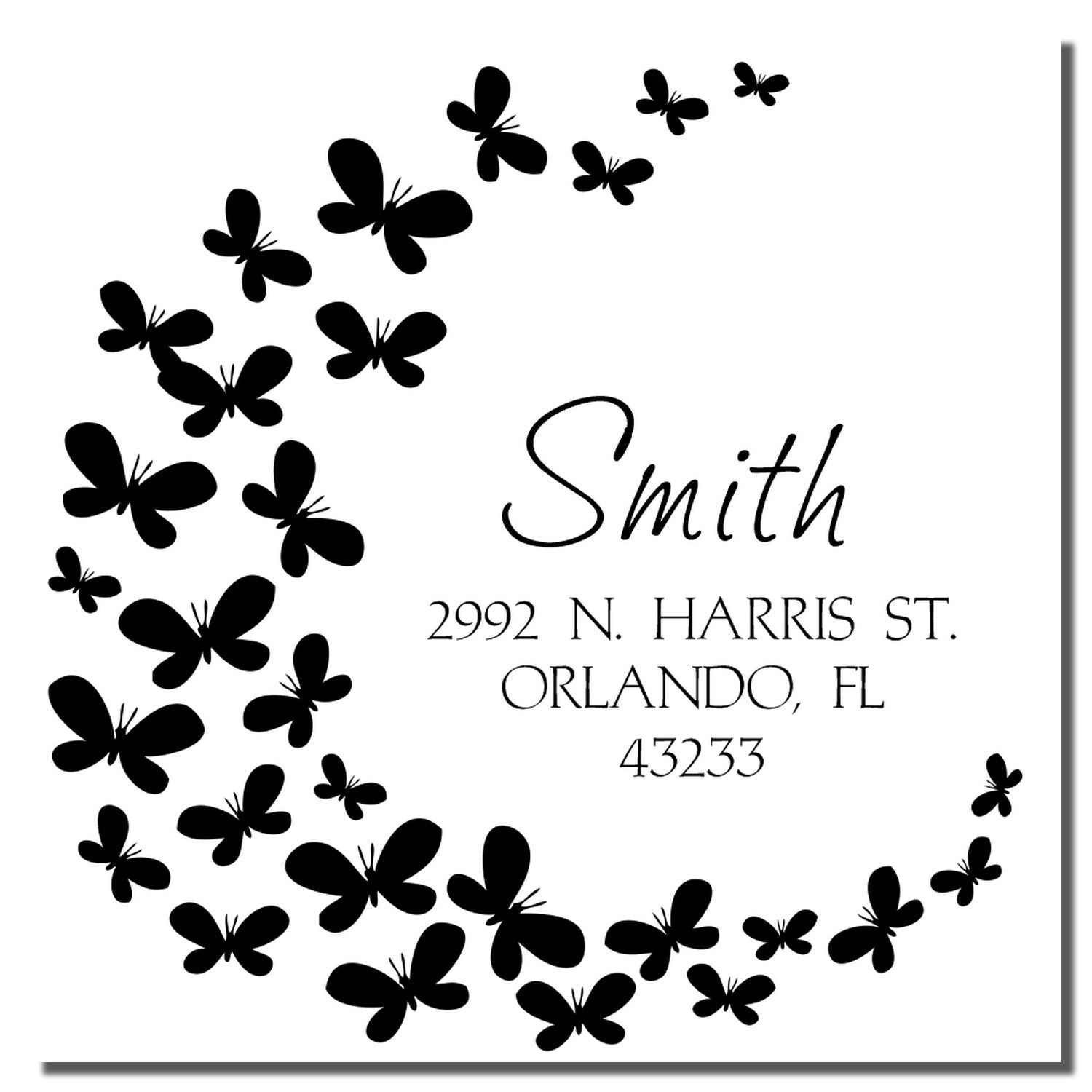 Personalized butterfly address rubber stamp with Smith name and Orlando, FL return address for custom wedding or mailing use.