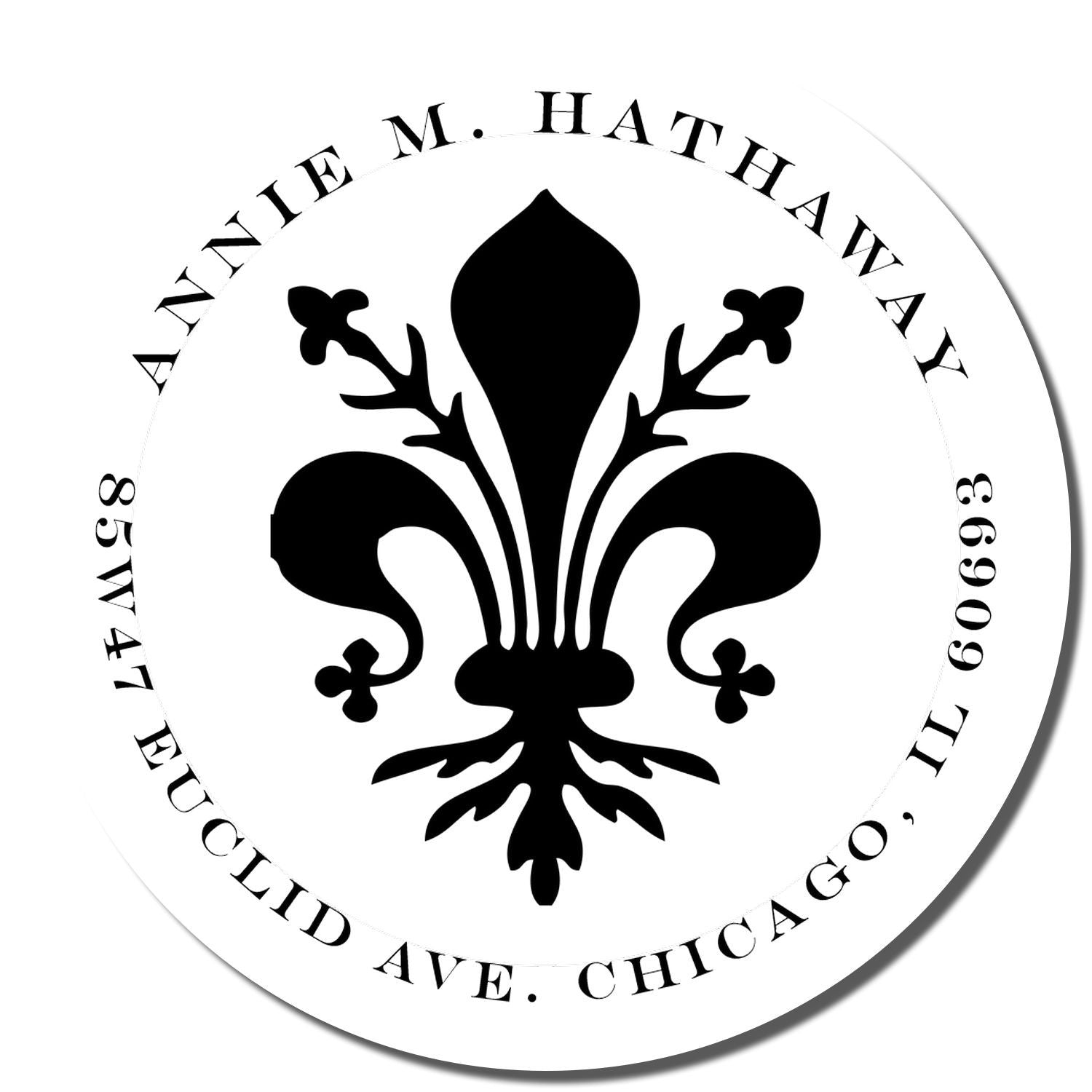 Custom rubber stamp for Annie M. Hathaway with fleur-de-lis logo and Chicago, IL address.