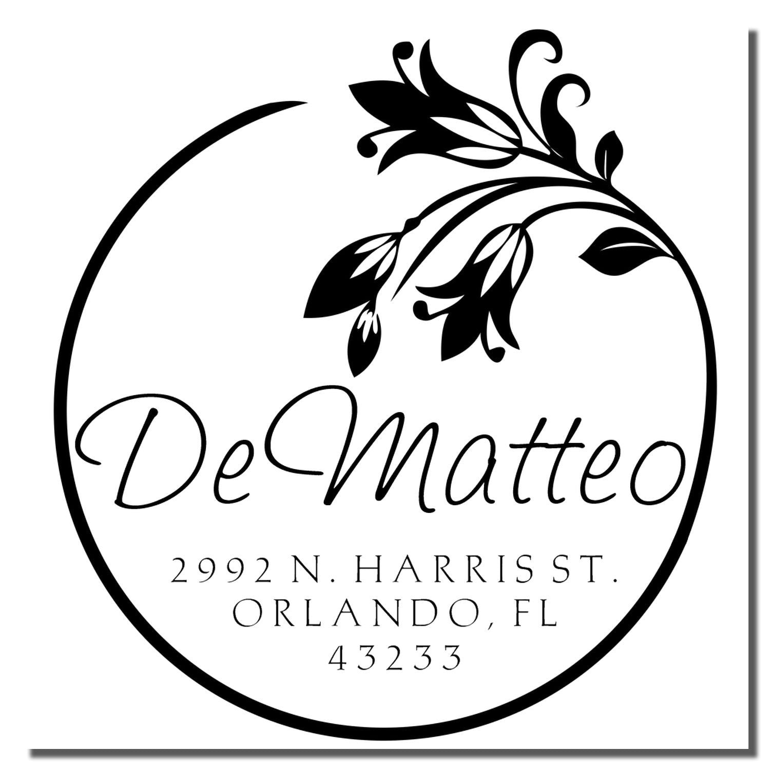 Custom floral return address rubber stamp with DeMatteo name, Orlando FL address, and circular monogram design.
