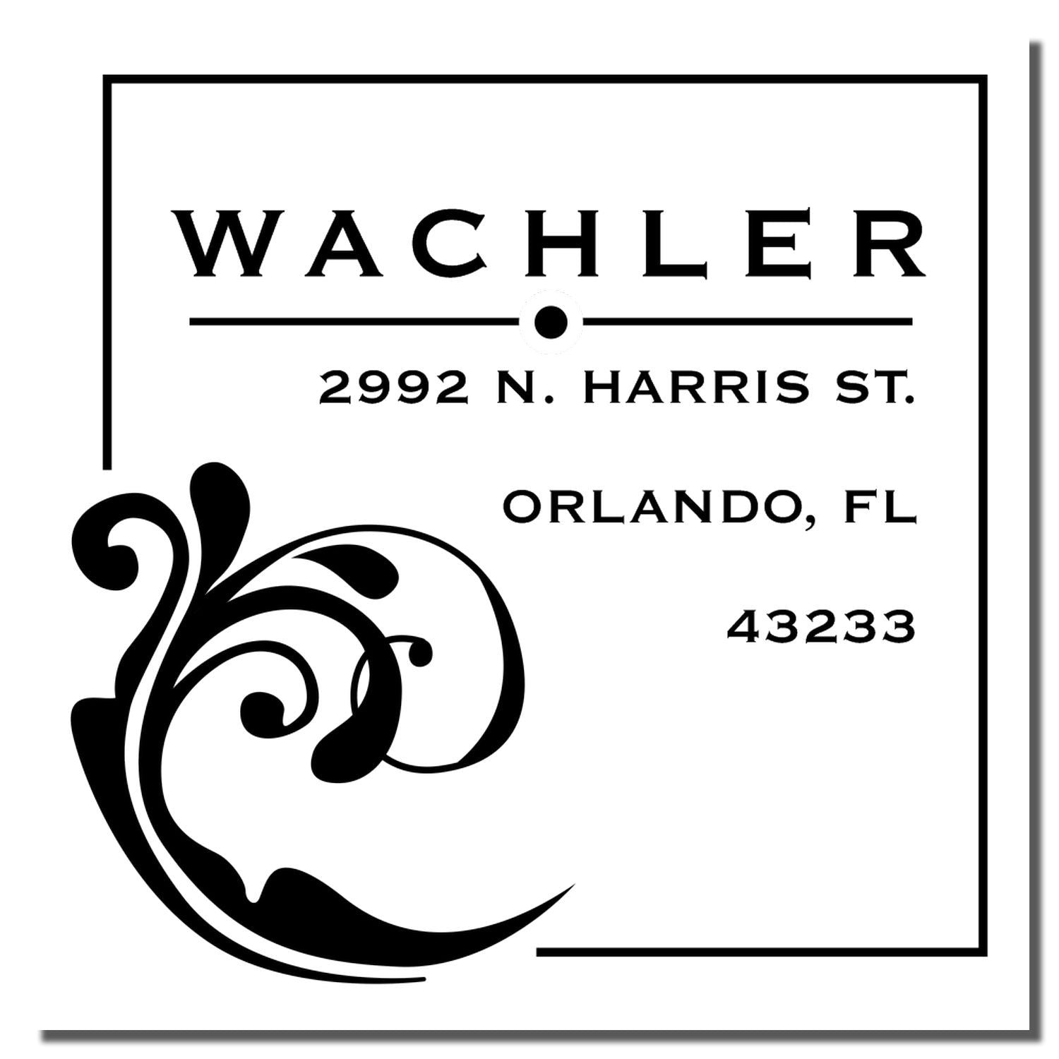 Custom address rubber stamp for Wachler, 2992 N. Harris St., Orlando, FL 43233.