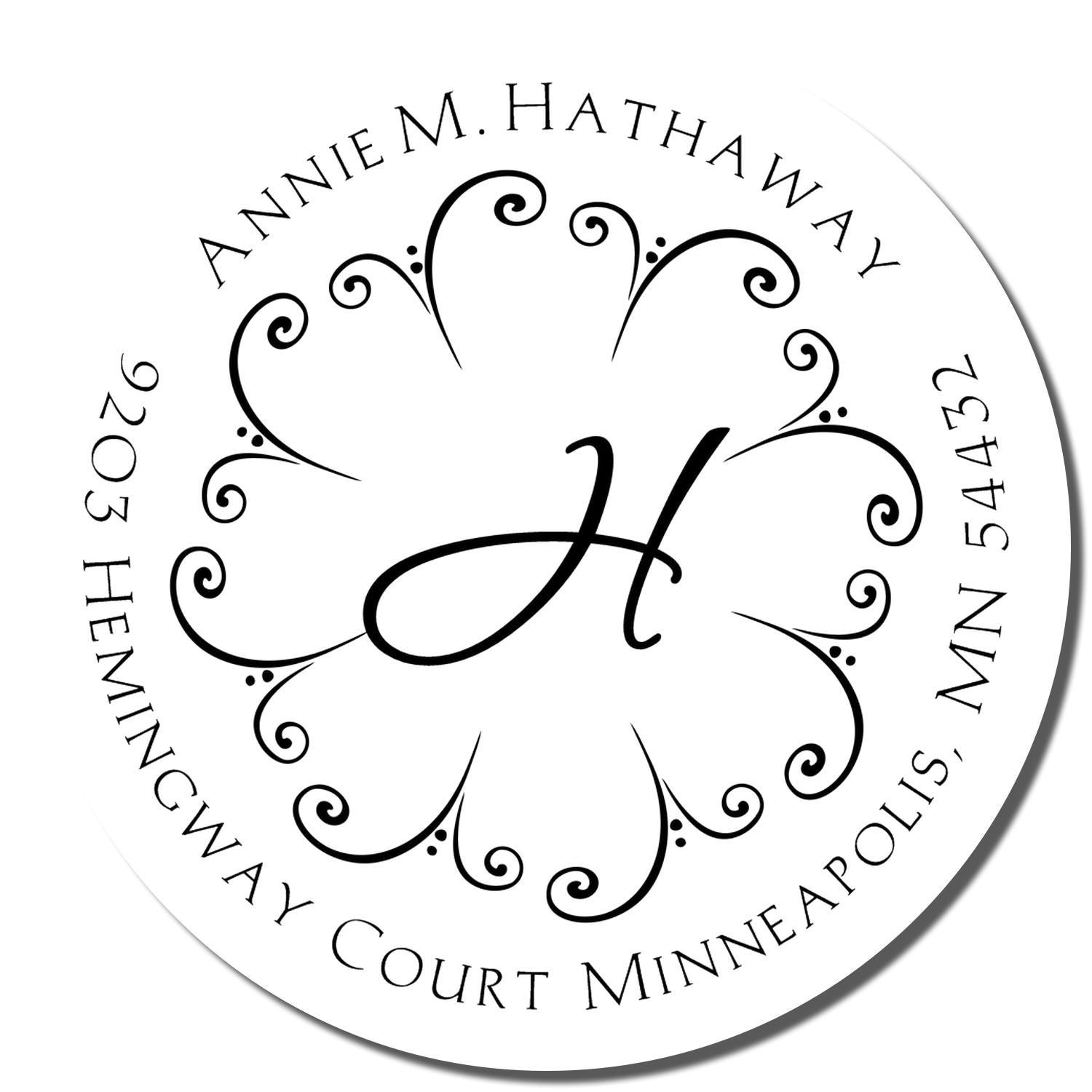 Personalized monogram return address rubber stamp with ornate floral heart design for Annie M. Hathaway, Minneapolis, MN.