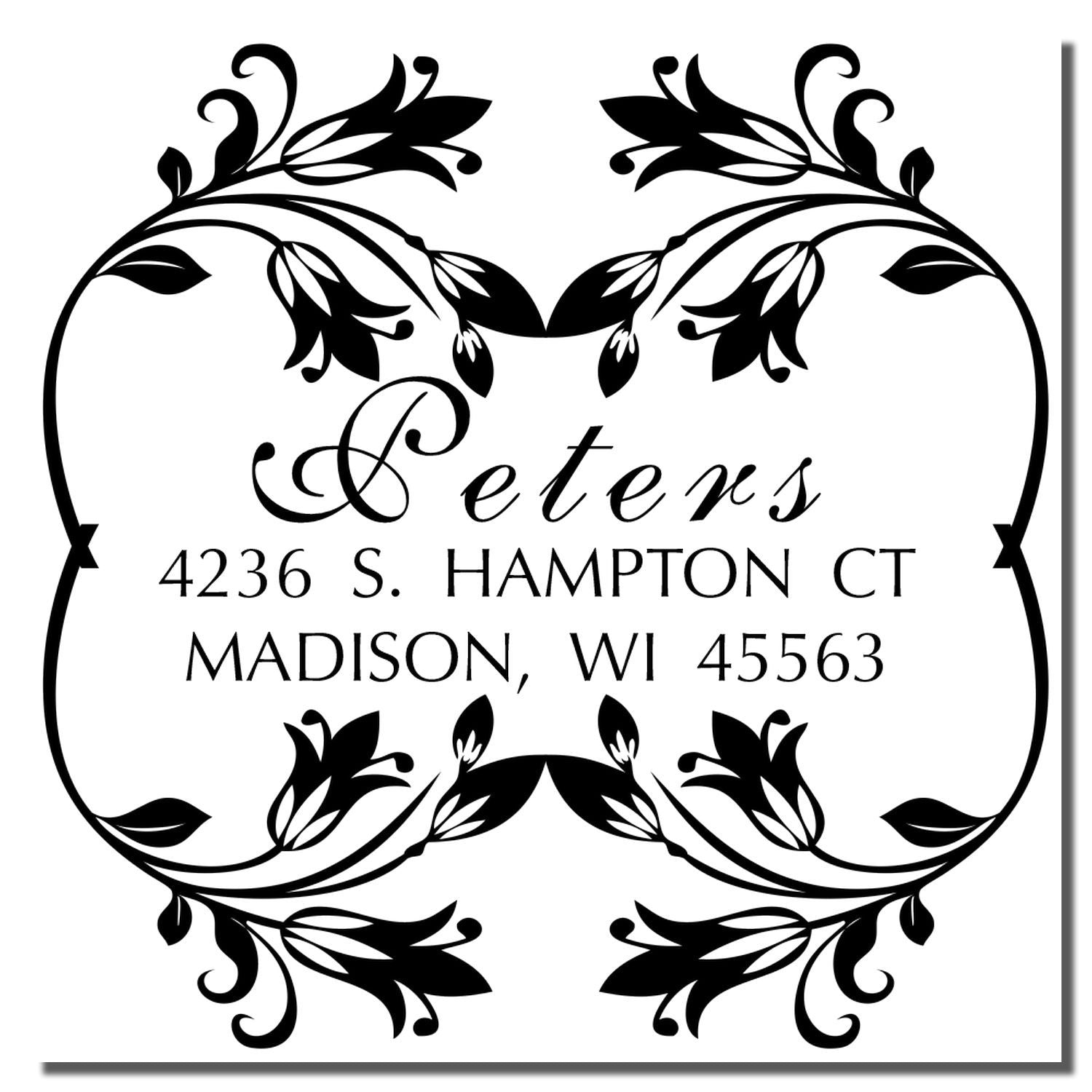 Custom Peters address rubber stamp with floral monogram border, 4236 S. Hampton Ct, Madison, WI 45563