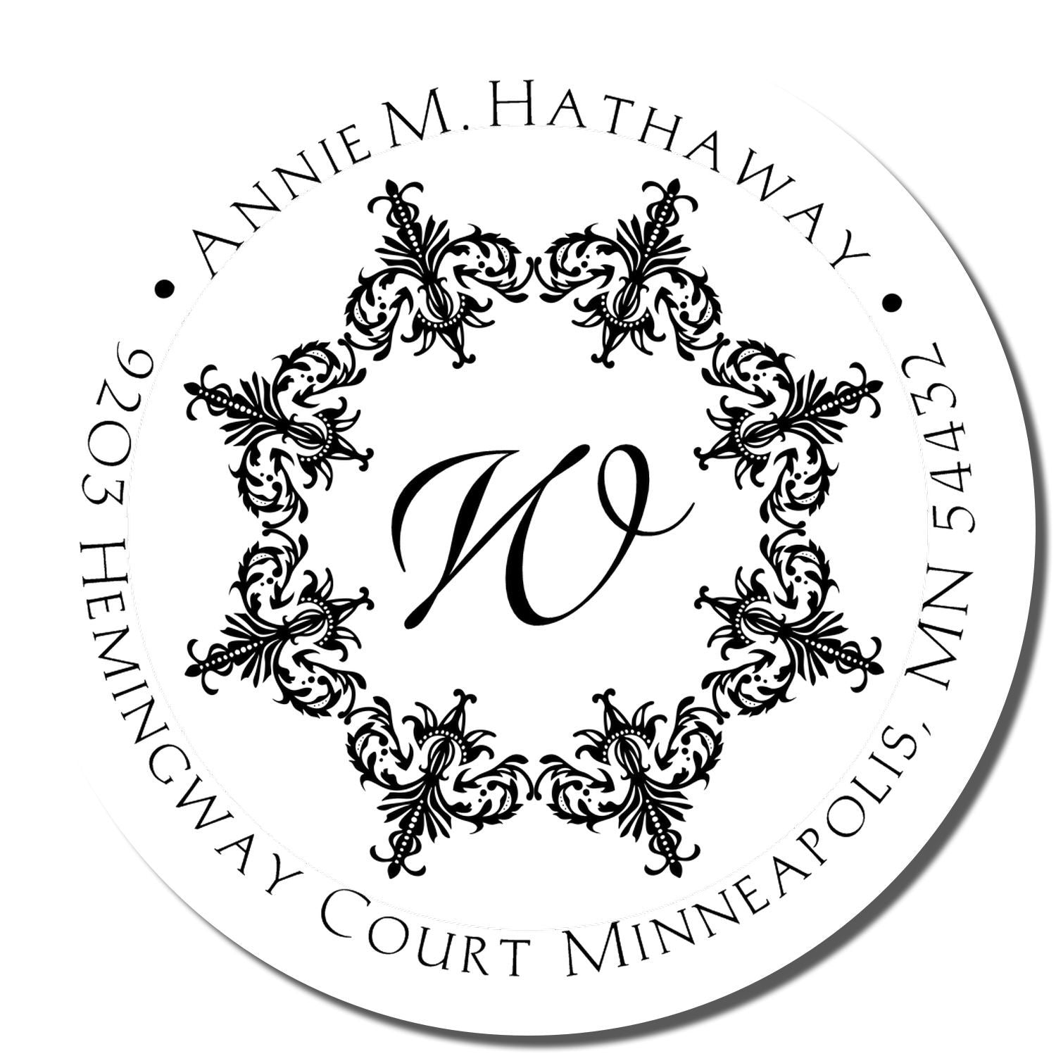 Custom monogram return address rubber stamp with floral border for Annie M. Hathaway, Minneapolis, MN.