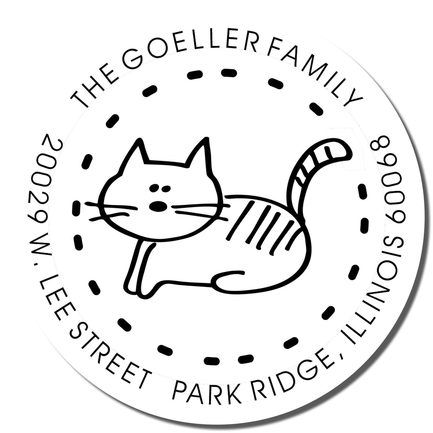 Custom cat family return address stamp for The Goeller Family, Park Ridge, Illinois.
