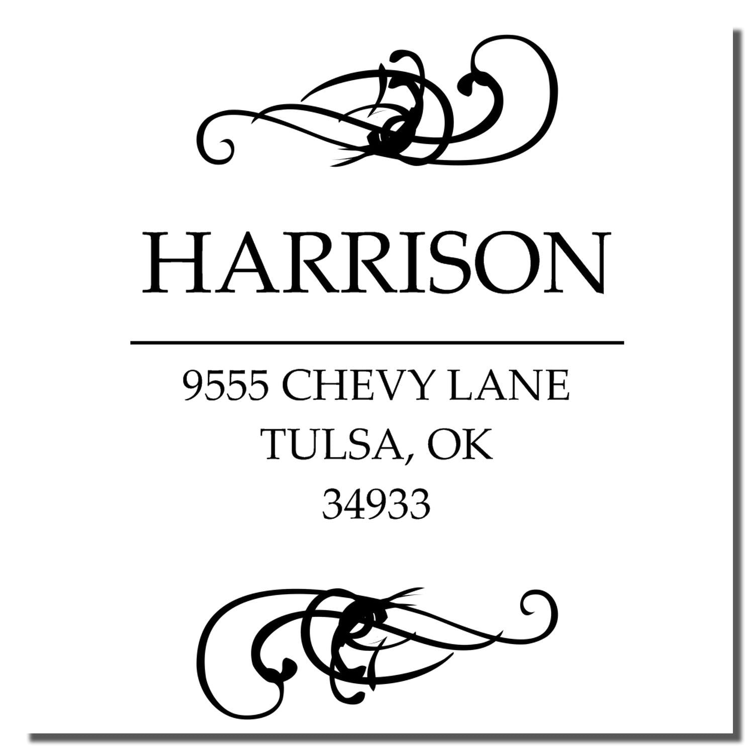 Personalized Harrison return address rubber stamp with decorative flourish, 9555 Chevy Lane, Tulsa, OK 34933.