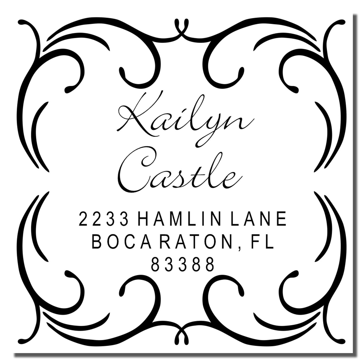Custom decorative address rubber stamp with ornate border for Kailyn Castle, 2233 Hamlin Lane, Boca Raton, FL 83388.
