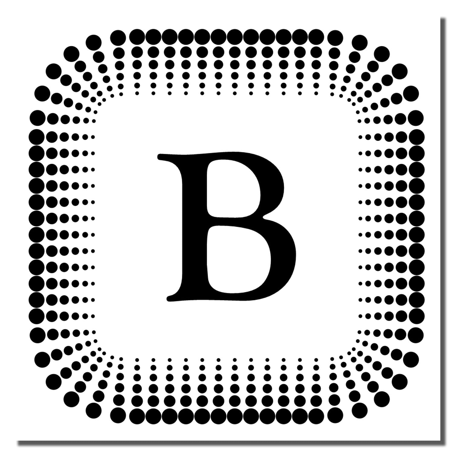 Letter B monogram rubber stamp with dotted square border for custom branding, invitations, and stationery.