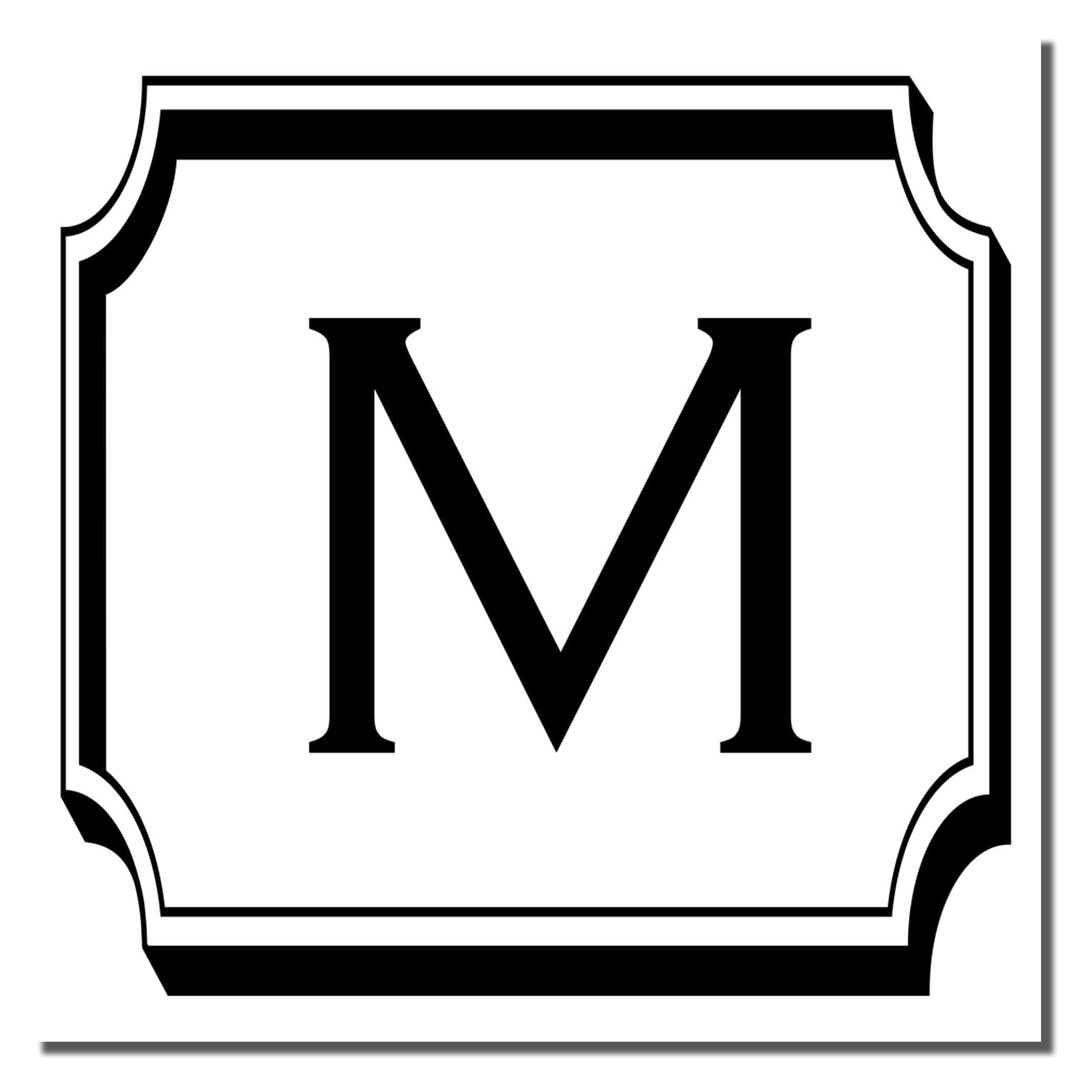 Custom monogram M rubber stamp design with decorative vintage frame, ideal for personalized branding.