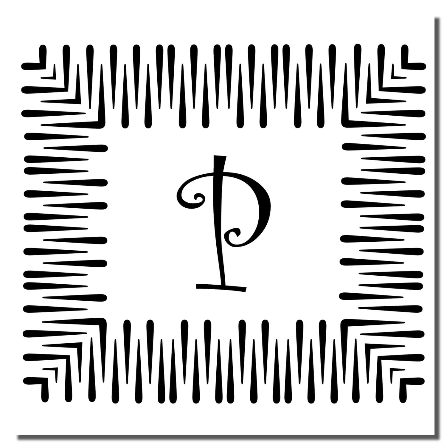 Decorative calligraphy initial P in ornamental black ink frame on white background, monogram lettering artwork for signage and logo design.