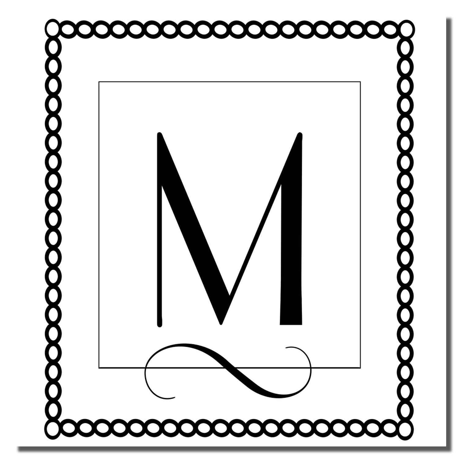 Custom monogram M rubber stamp with beaded border and elegant flourish