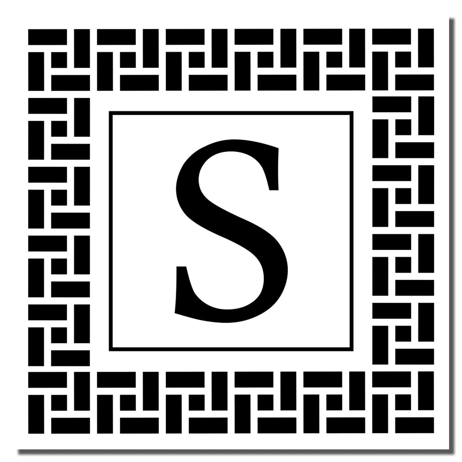 Custom monogram rubber stamp with bold letter S and woven border, ideal for branding, stationery, and packaging.