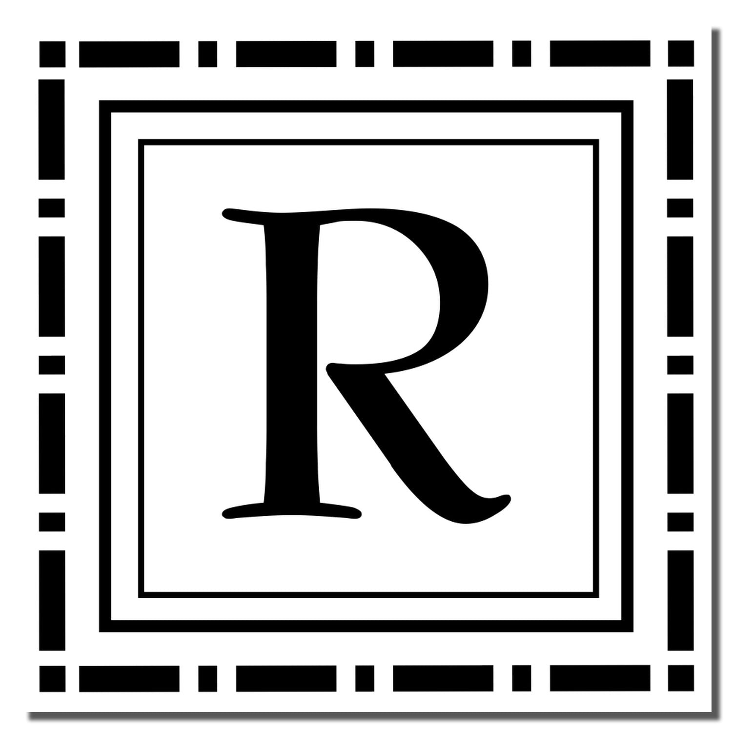Custom monogram R rubber stamp with decorative square border for branding, stationery, and personalized marking.